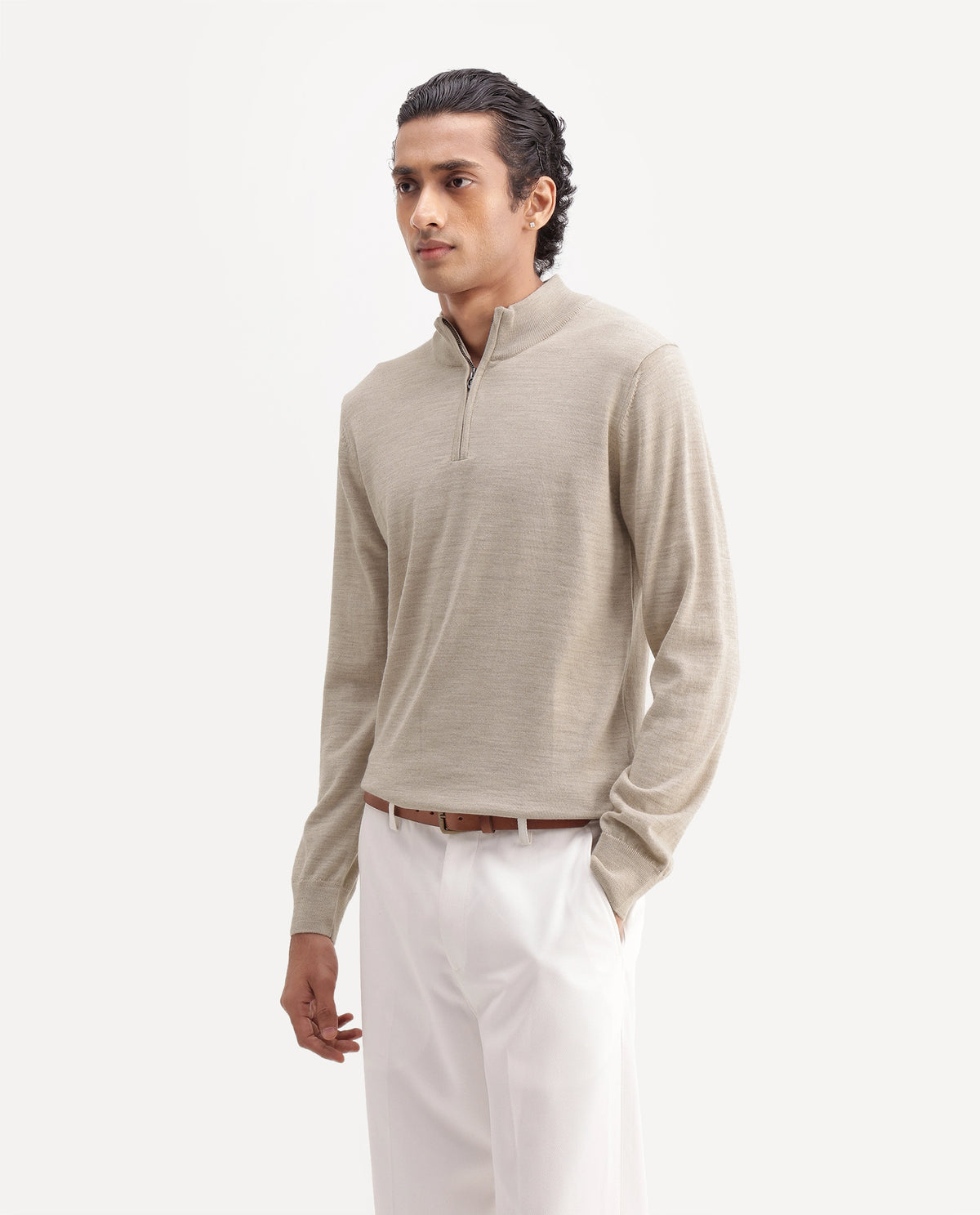 Rare Rabbit Men's Niff Beige Acrylic Blend Zipper Regular Fit Sweater