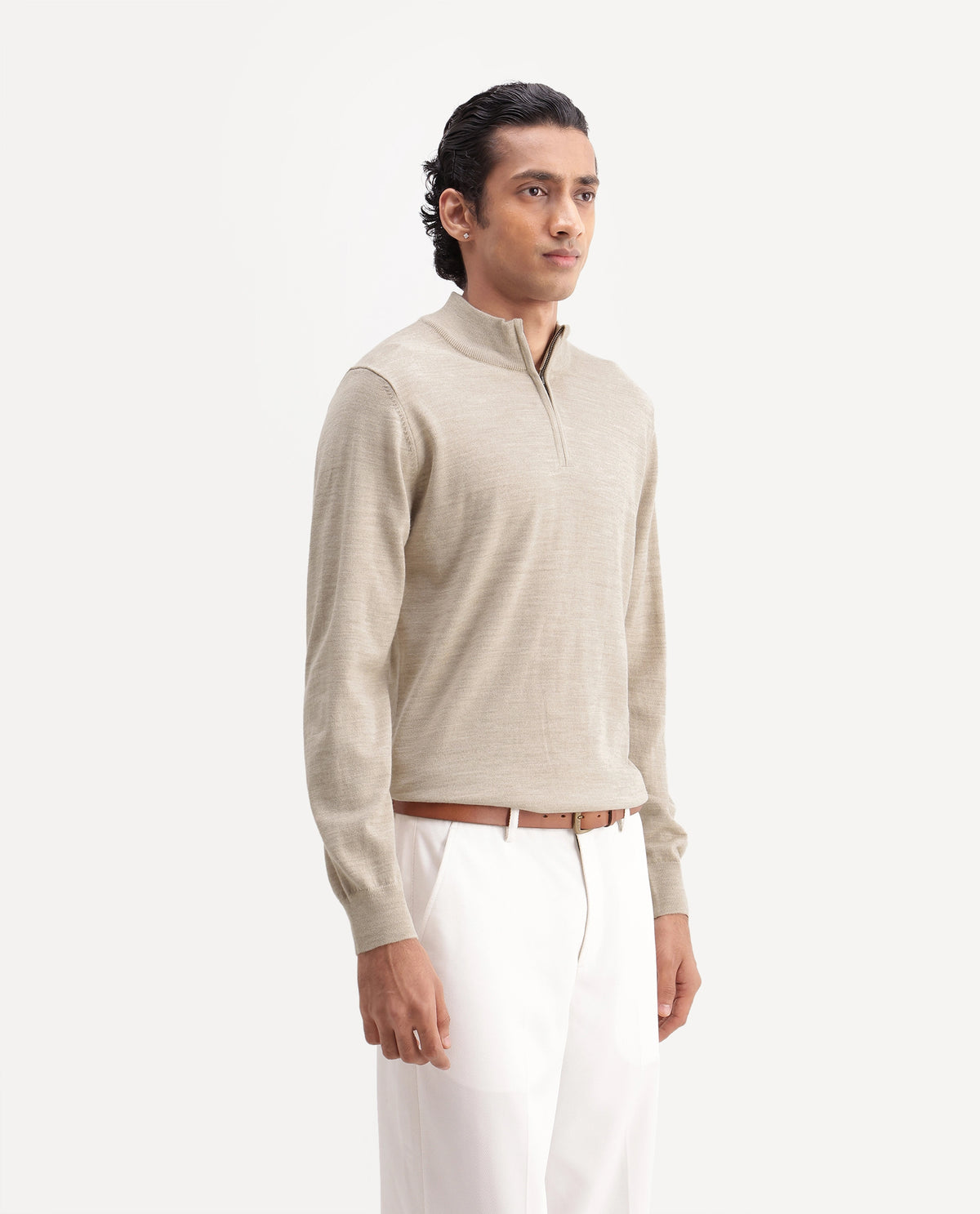 Rare Rabbit Men's Niff Beige Acrylic Blend Zipper Regular Fit Sweater
