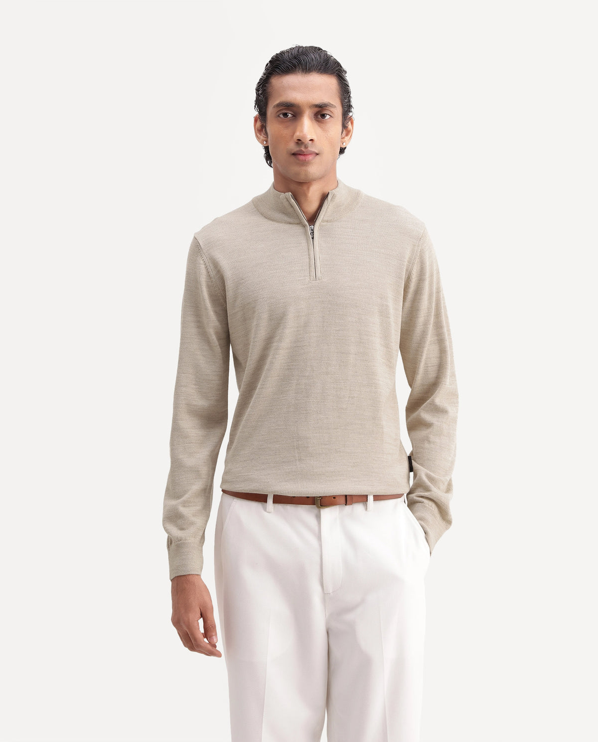 Rare Rabbit Men's Niff Beige Acrylic Blend Zipper Regular Fit Sweater