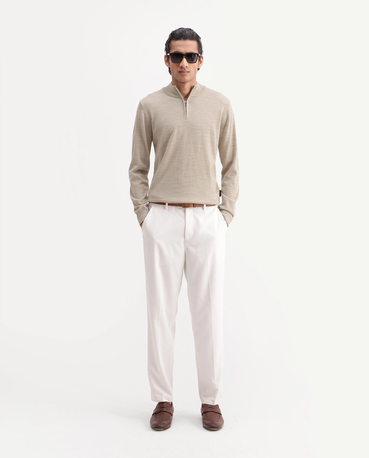 Rare Rabbit Men's Niff Beige Acrylic Blend Zipper Regular Fit Sweater