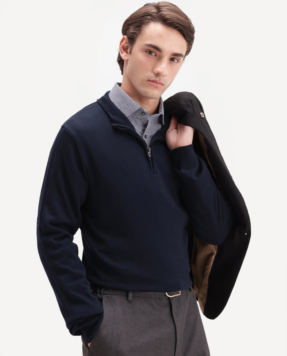 Rare Rabbit Men's Niff Navy Acrylic Blend Zipper Regular Fit Plain Sweater