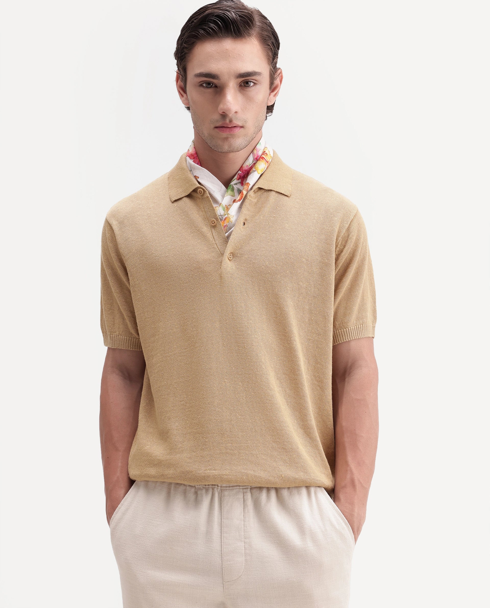 Rare Rabbit Men's Mekko-Aw26 Dusky Yellow Linen Blend Button Regular Fit Polo