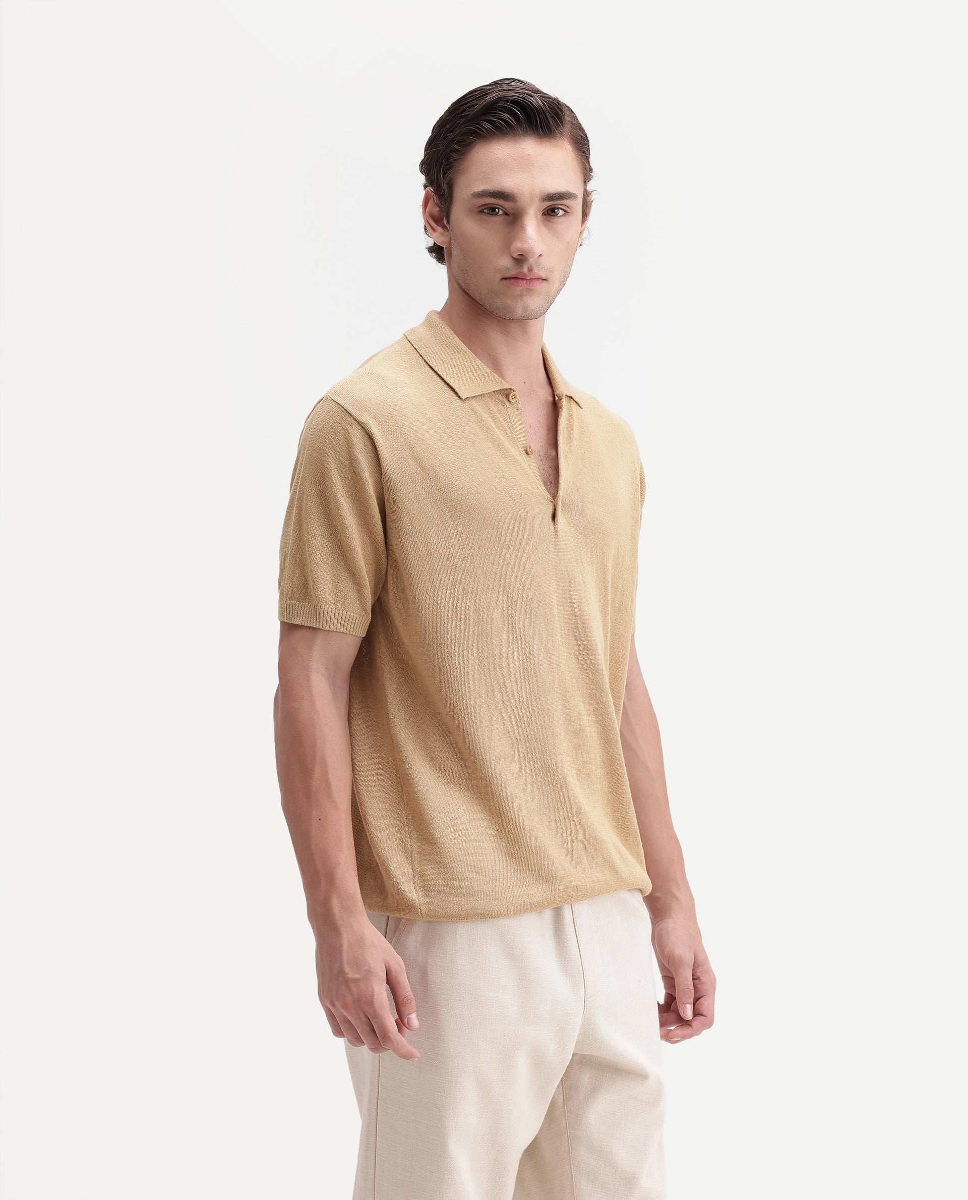 Rare Rabbit Men's Mekko-Aw26 Dusky Yellow Linen Blend Button Regular Fit Polo