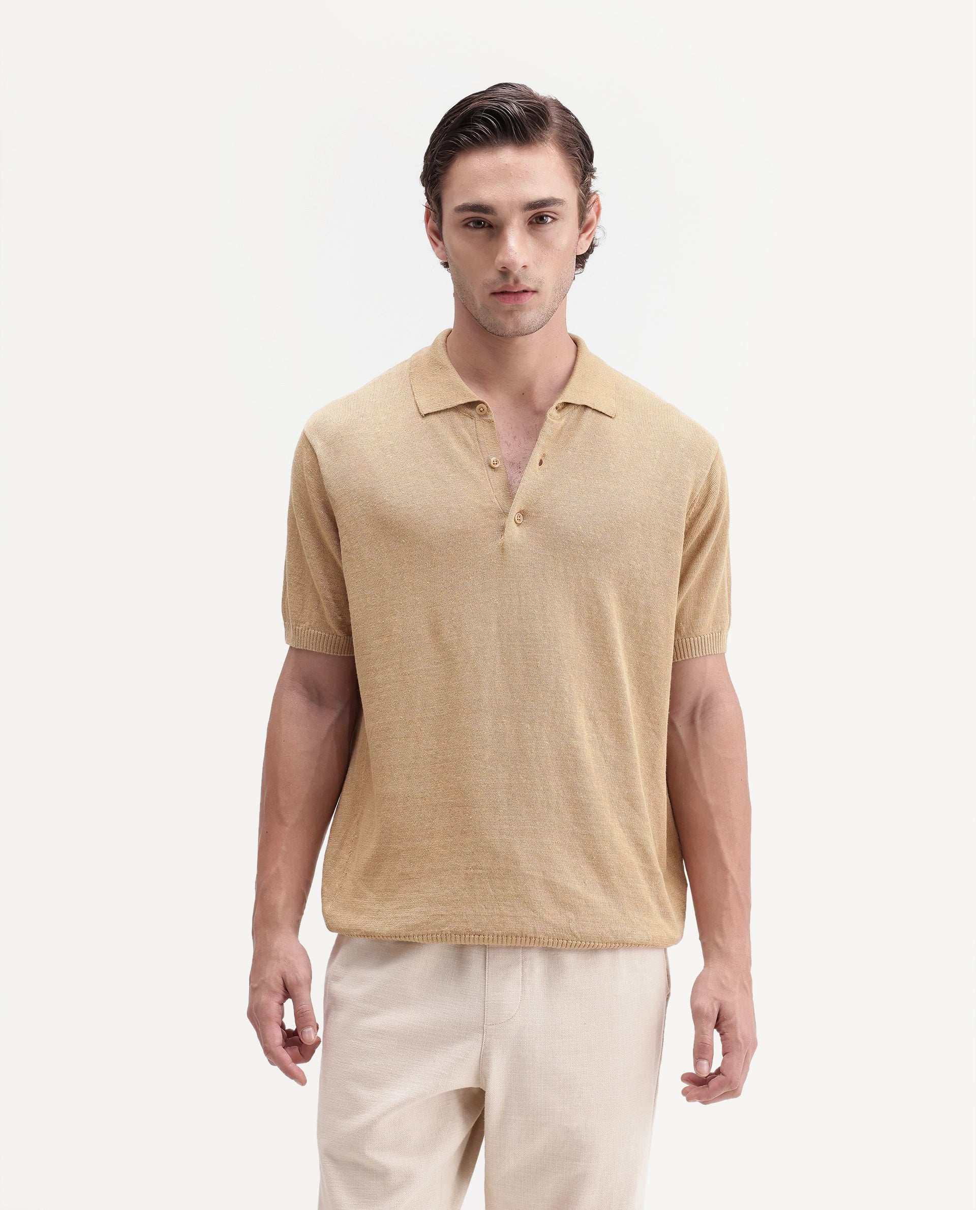 Rare Rabbit Men's Mekko-Aw26 Dusky Yellow Linen Blend Button Regular Fit Polo
