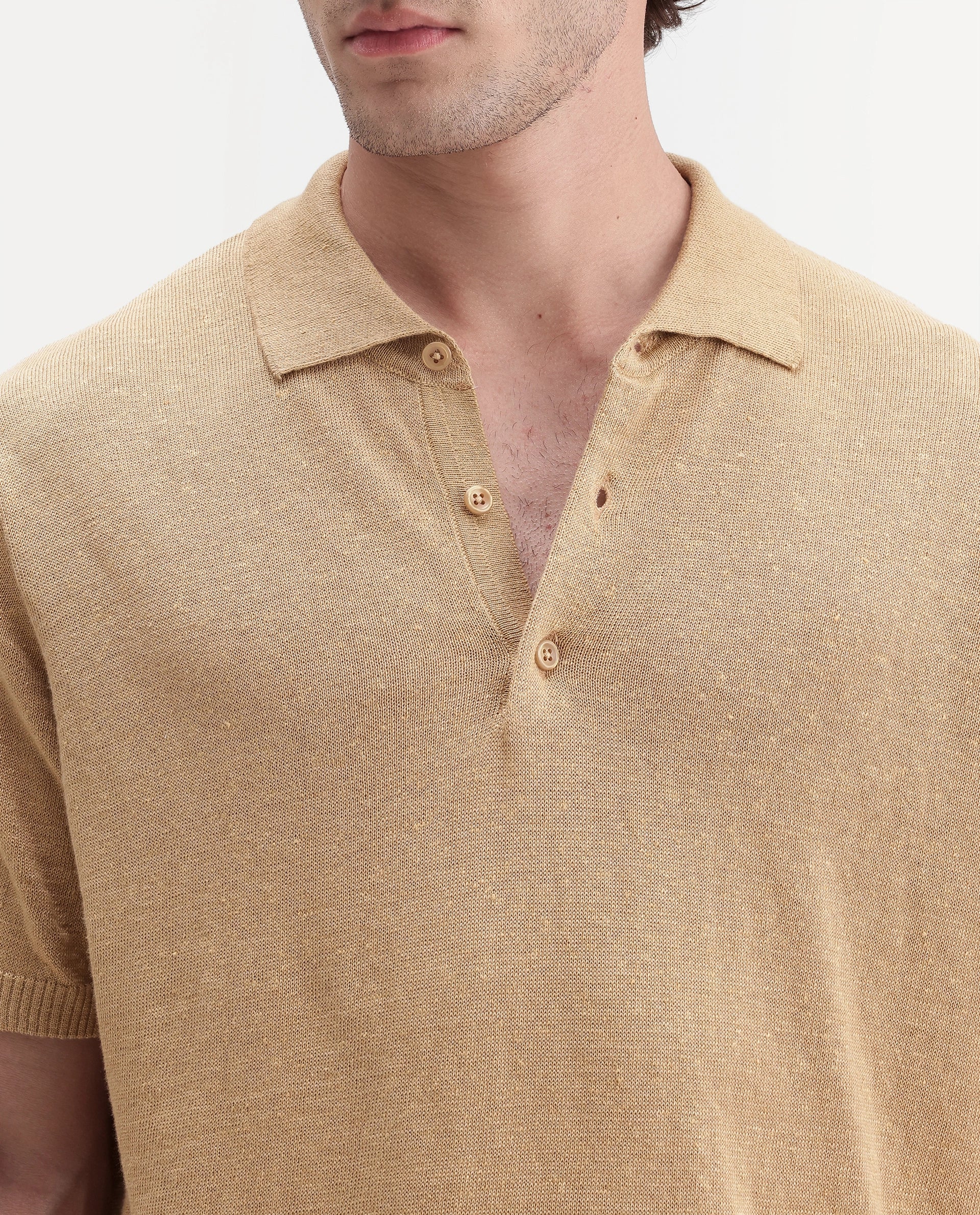 Rare Rabbit Men's Mekko-Aw26 Dusky Yellow Linen Blend Button Regular Fit Polo