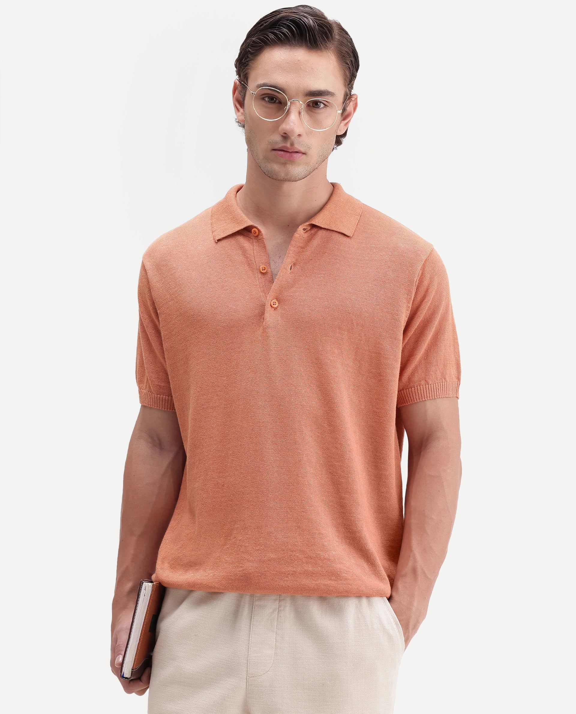 Rare Rabbit Men's Mekko-Aw26 Light Orange Linen Blend Button Regular Fit Polo