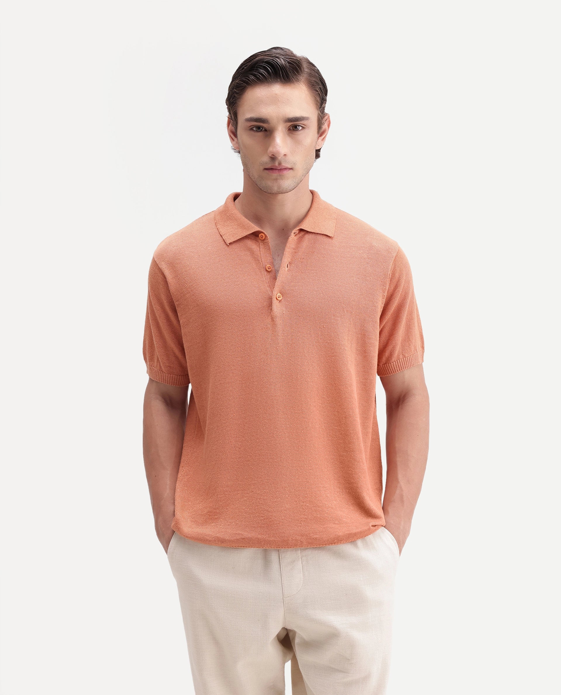 Rare Rabbit Men's Mekko-Aw26 Light Orange Linen Blend Button Regular Fit Polo