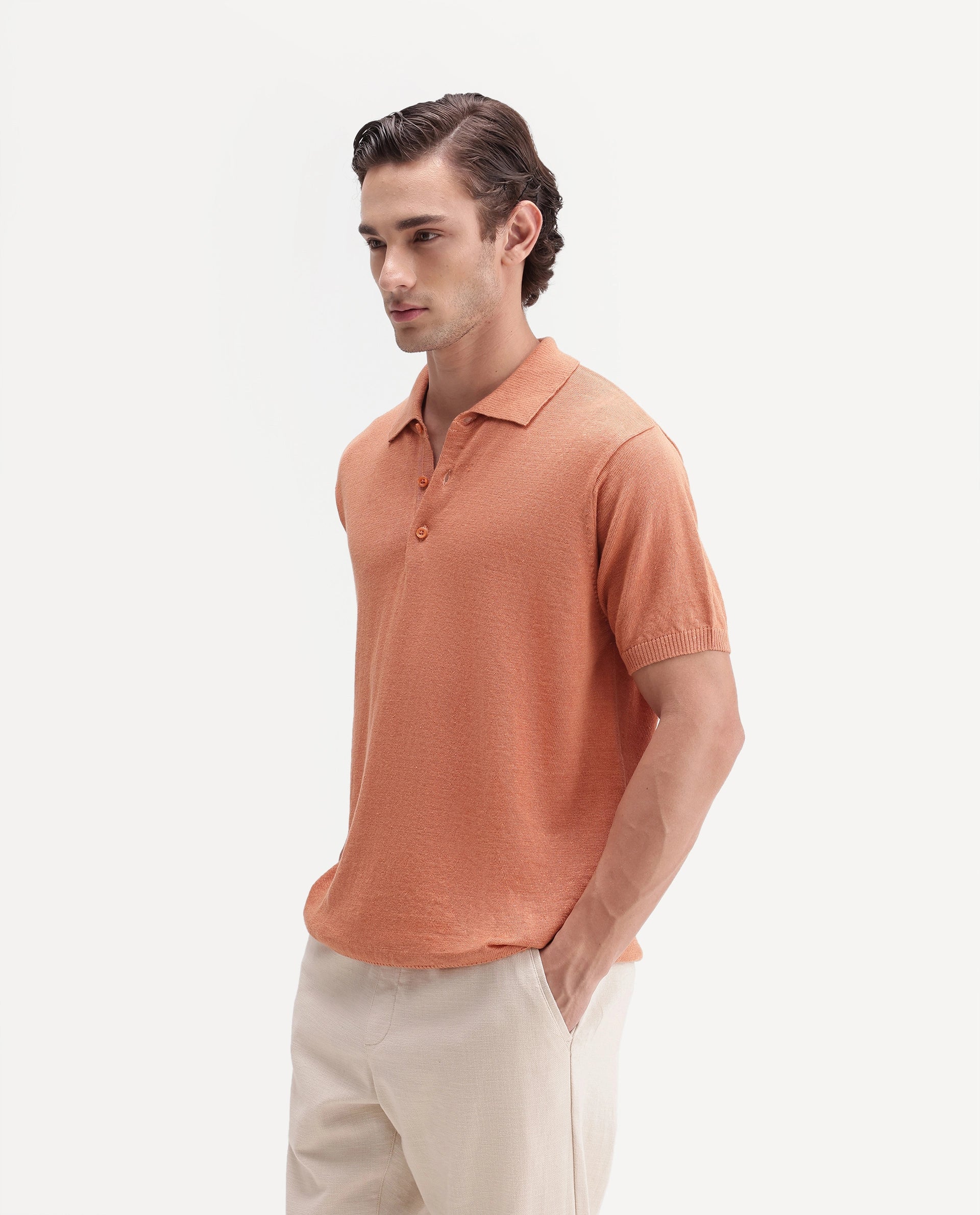 Rare Rabbit Men's Mekko-Aw26 Light Orange Linen Blend Button Regular Fit Polo