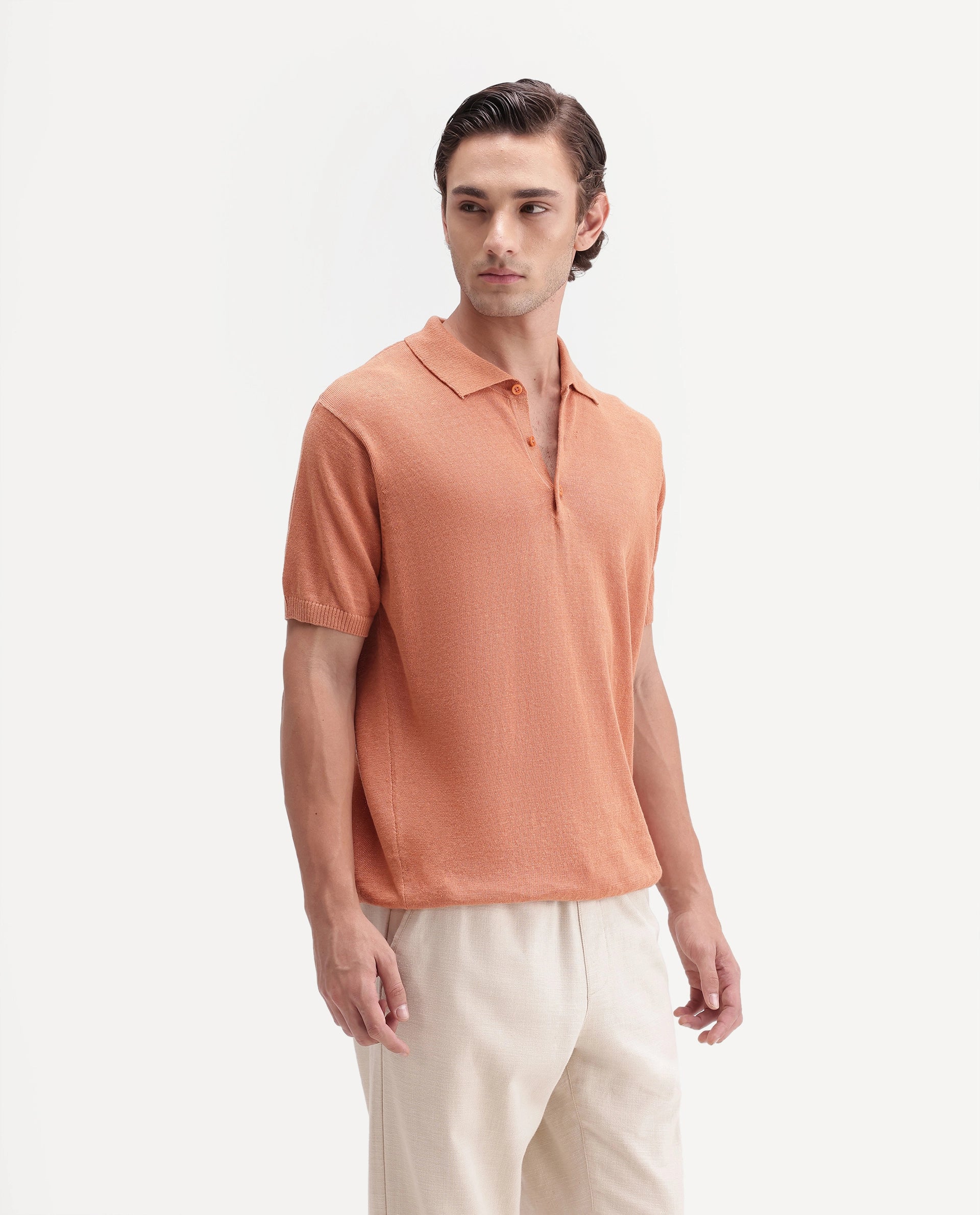 Rare Rabbit Men's Mekko-Aw26 Light Orange Linen Blend Button Regular Fit Polo