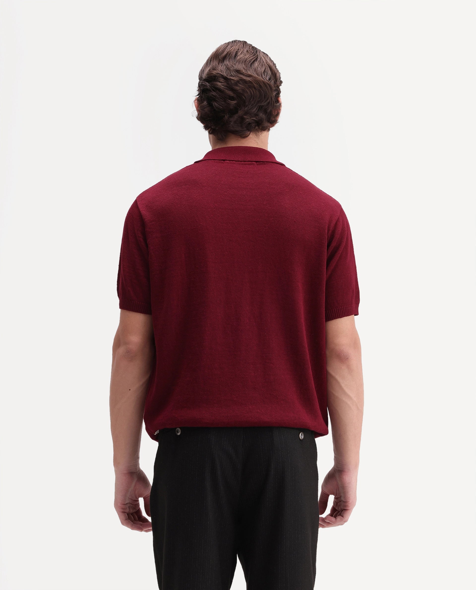 Rare Rabbit Men's Mekko-Aw26 Dark Red Linen Blend Button Regular Fit Polo