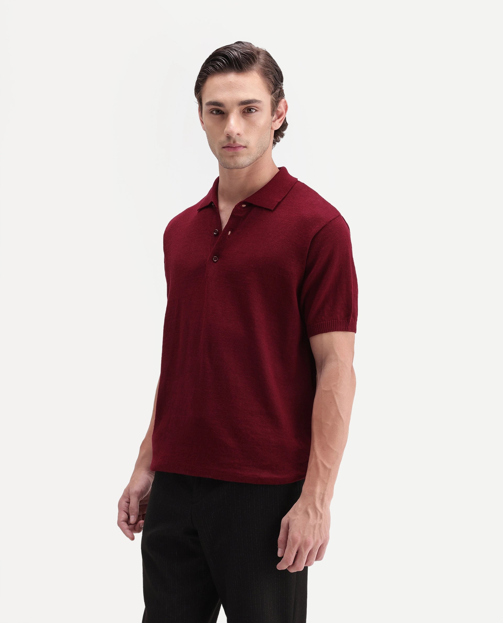 Rare Rabbit Men's Mekko-Aw26 Dark Red Linen Blend Button Regular Fit Polo