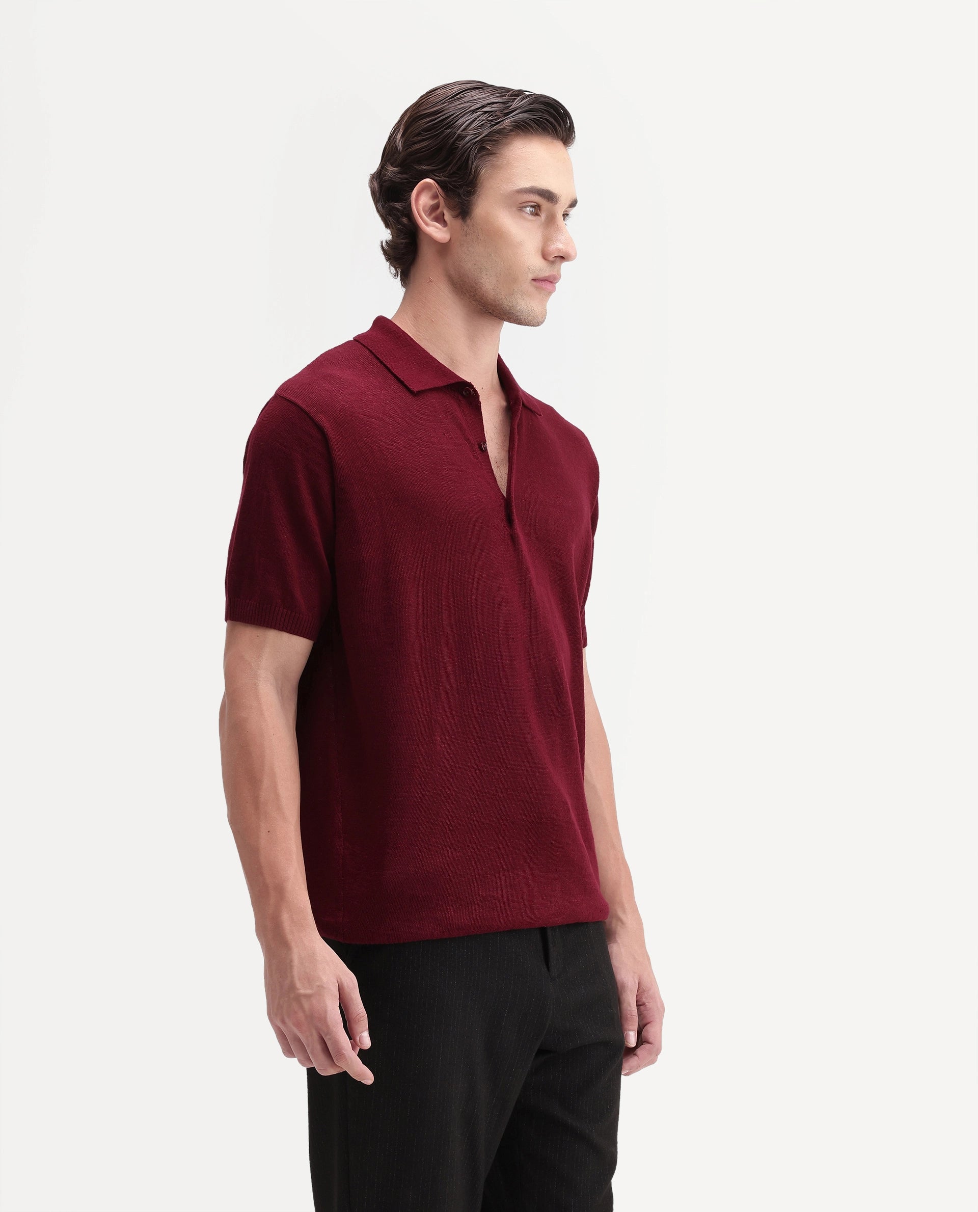 Rare Rabbit Men's Mekko-Aw26 Dark Red Linen Blend Button Regular Fit Polo