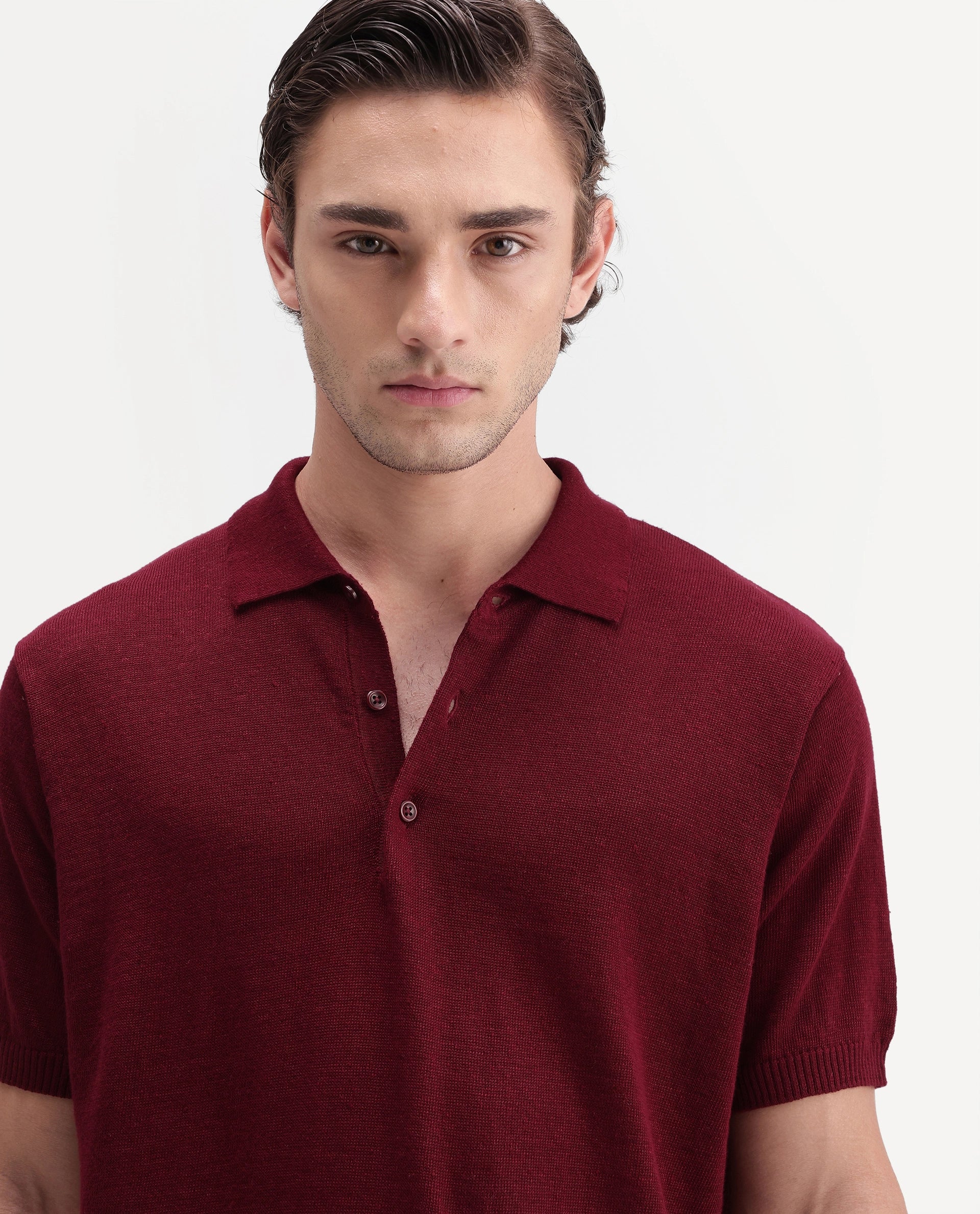 Rare Rabbit Men's Mekko-Aw26 Dark Red Linen Blend Button Regular Fit Polo