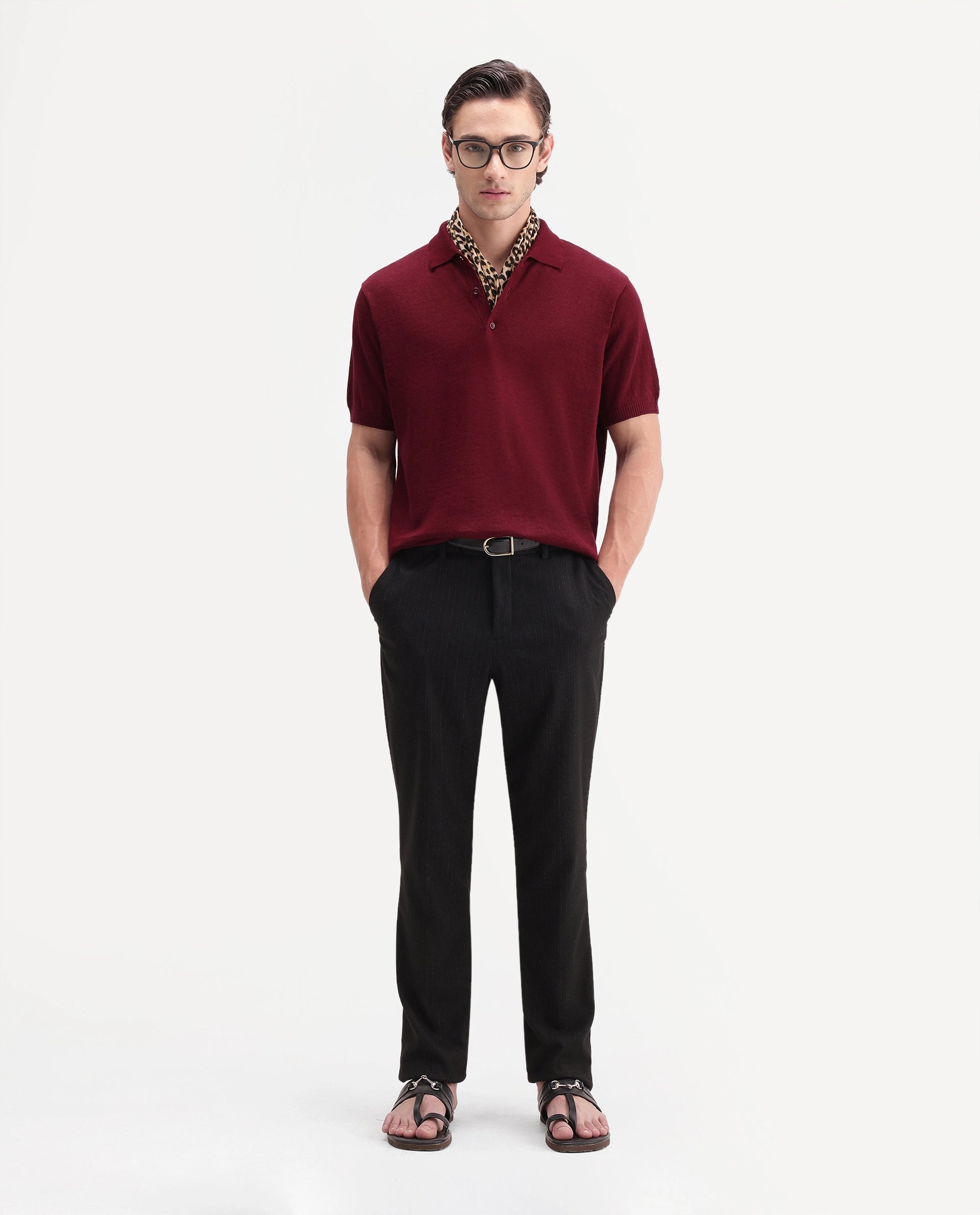 Rare Rabbit Men's Mekko-Aw26 Dark Red Linen Blend Button Regular Fit Polo