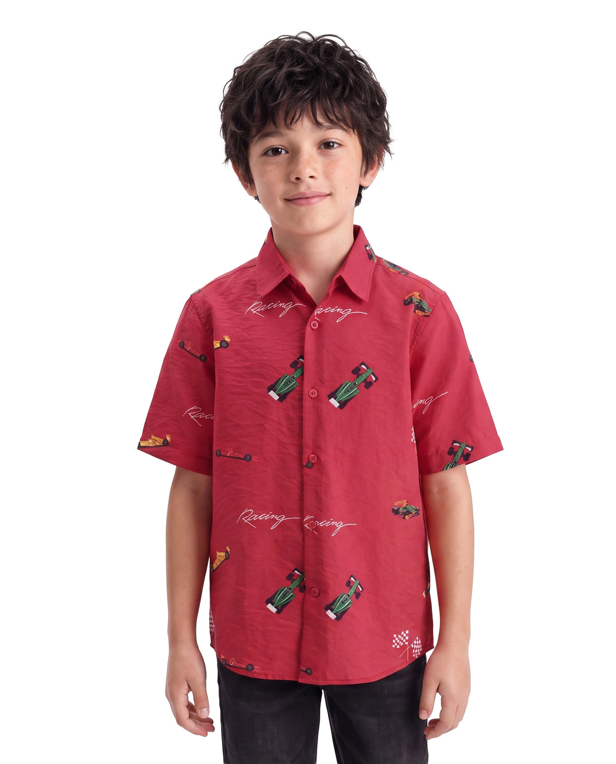 Rare Ones Kids Trian Dark Red Viscose Blend Fabric Button Closure Regular Fit Digital Print Shirt