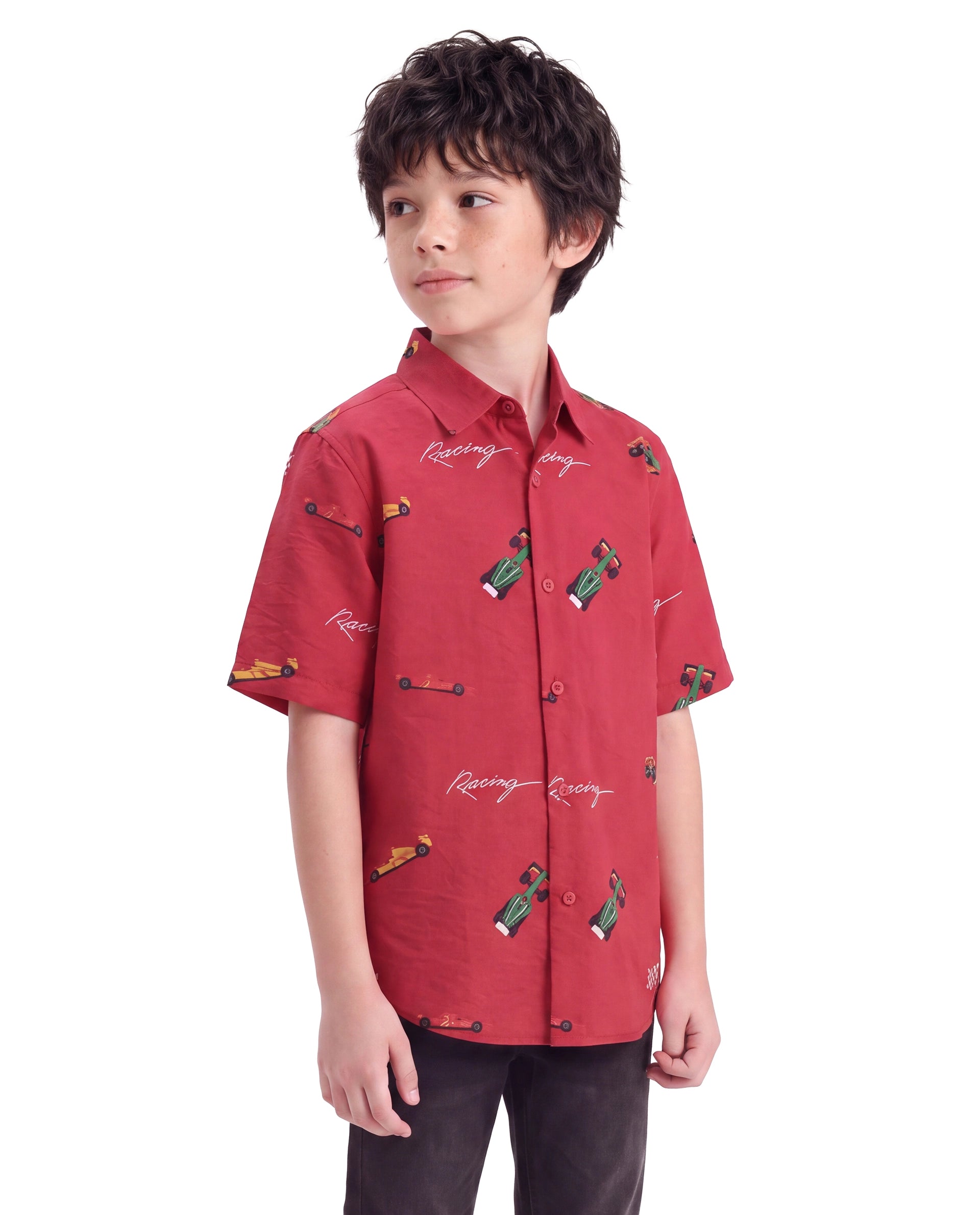 Rare Ones Kids Trian Dark Red Viscose Blend Fabric Button Closure Regular Fit Digital Print Shirt