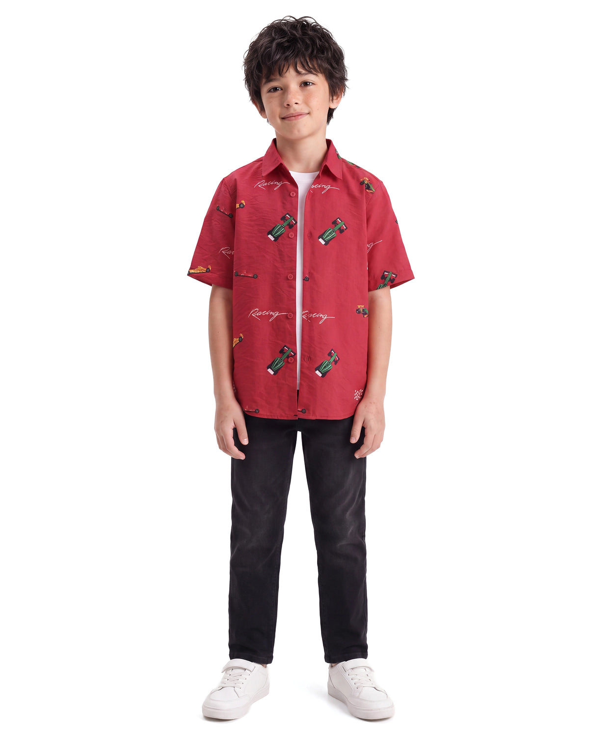 Rare Ones Kids Trian Dark Red Viscose Blend Fabric Button Closure Regular Fit Digital Print Shirt