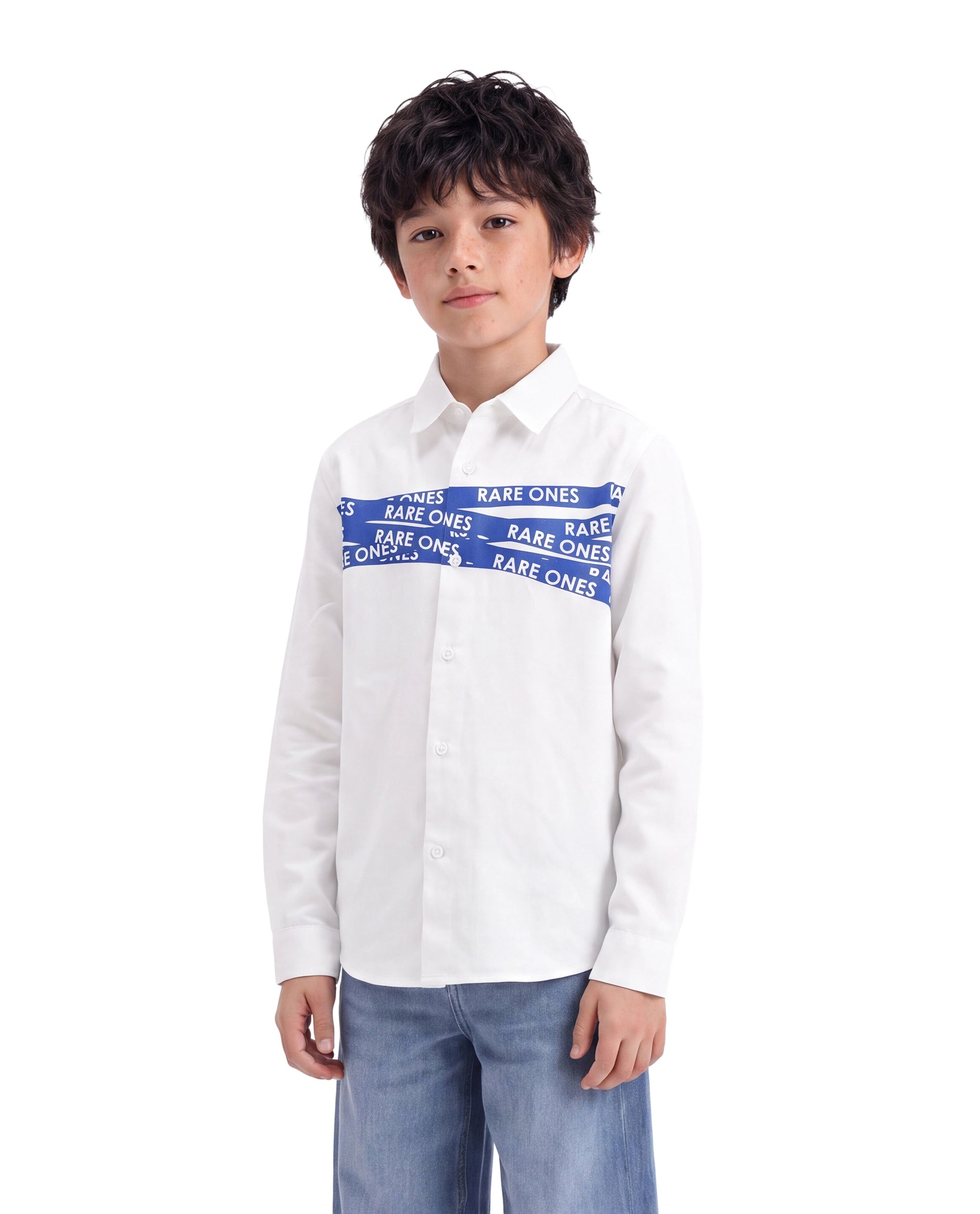 Rare Ones Kids Igno White Cotton Fabric Button Closure Regular Fit Typography Shirt