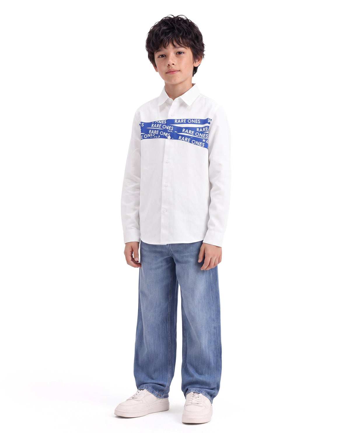 Rare Ones Kids Igno White Cotton Fabric Button Closure Regular Fit Typography Shirt