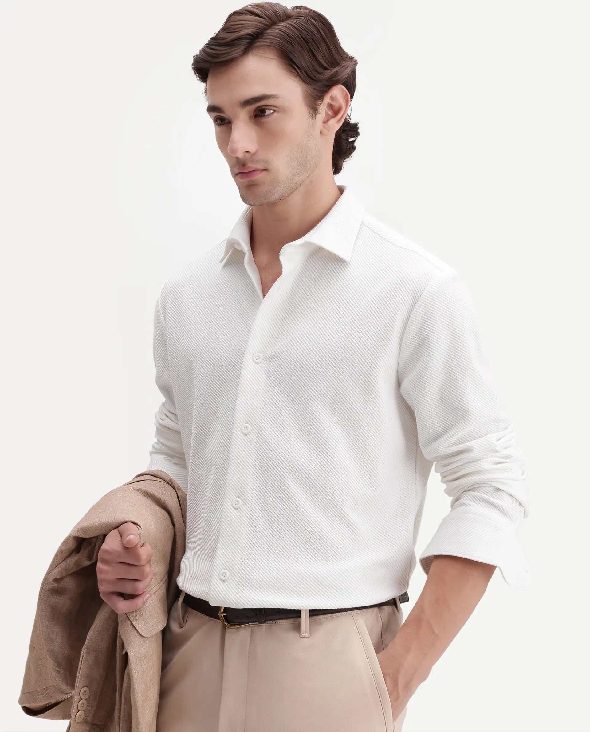 Rare Rabbit Men's Elk White Cotton Button Regular Fit Jcaquard Shirt