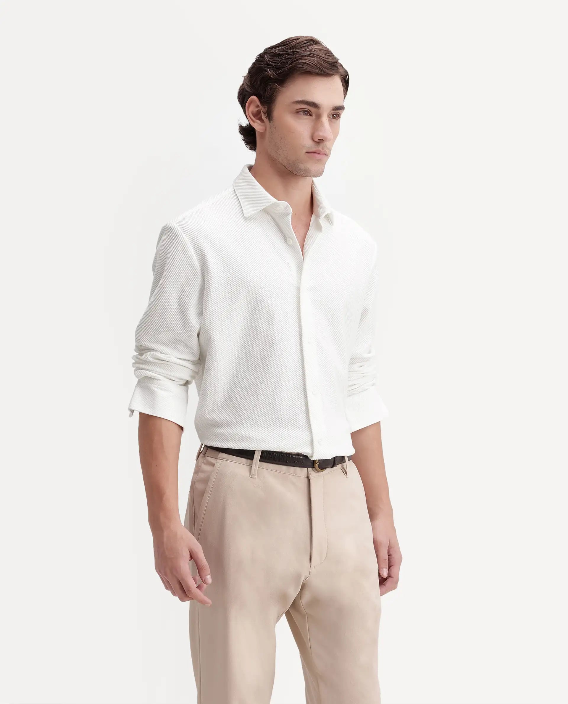 Rare Rabbit Men's Elk White Cotton Button Regular Fit Jcaquard Shirt