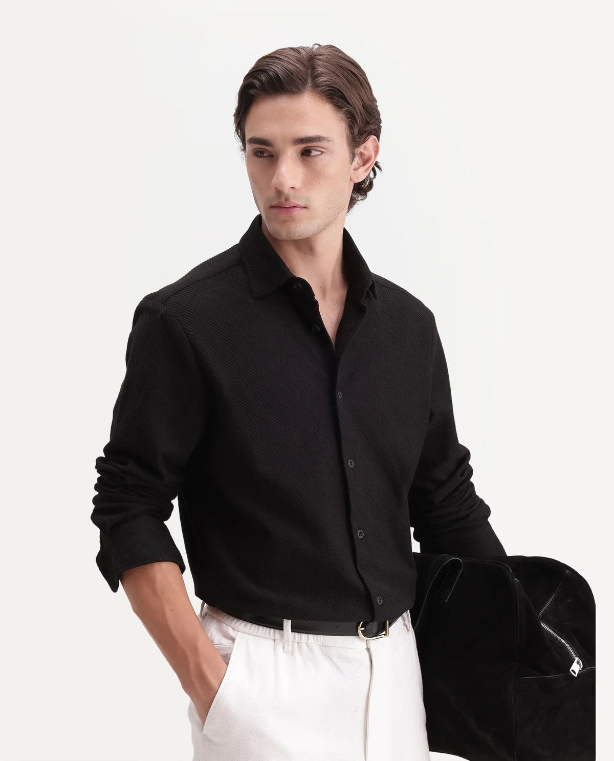 Rare Rabbit Men's Elk Black Cotton Button Regular Fit Jcaquard Shirt