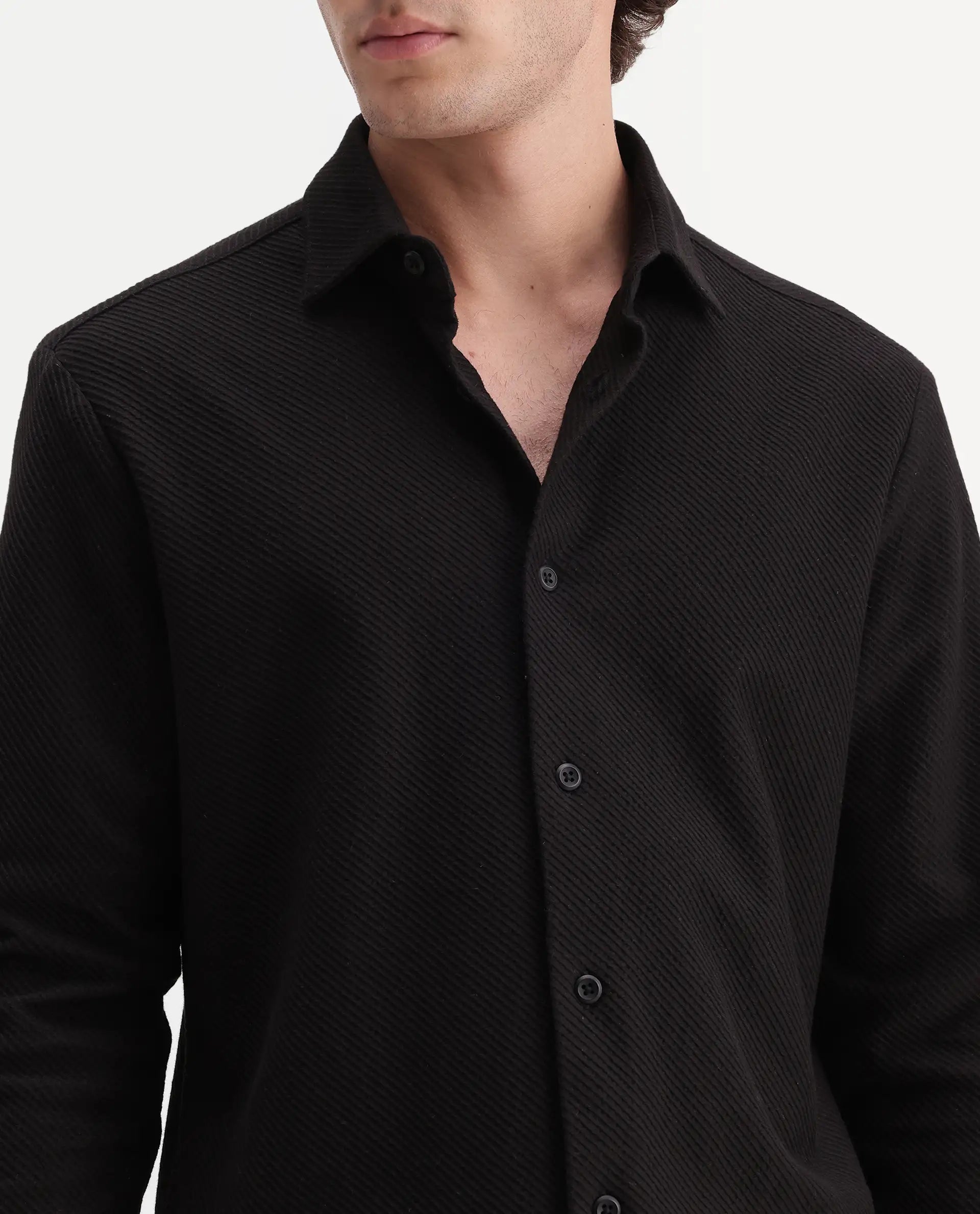 Rare Rabbit Men's Elk Black Cotton Button Regular Fit Jcaquard Shirt