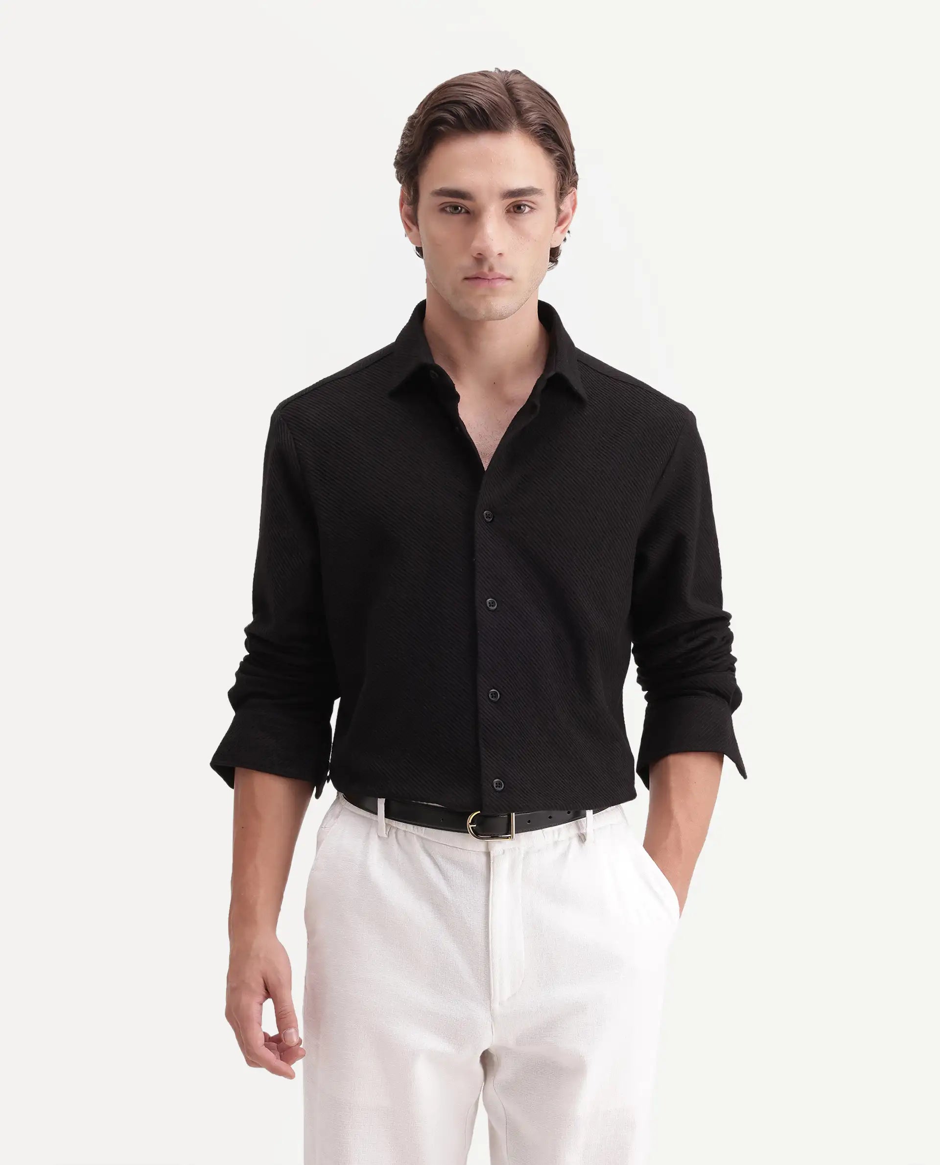 Rare Rabbit Men's Elk Black Cotton Button Regular Fit Jcaquard Shirt