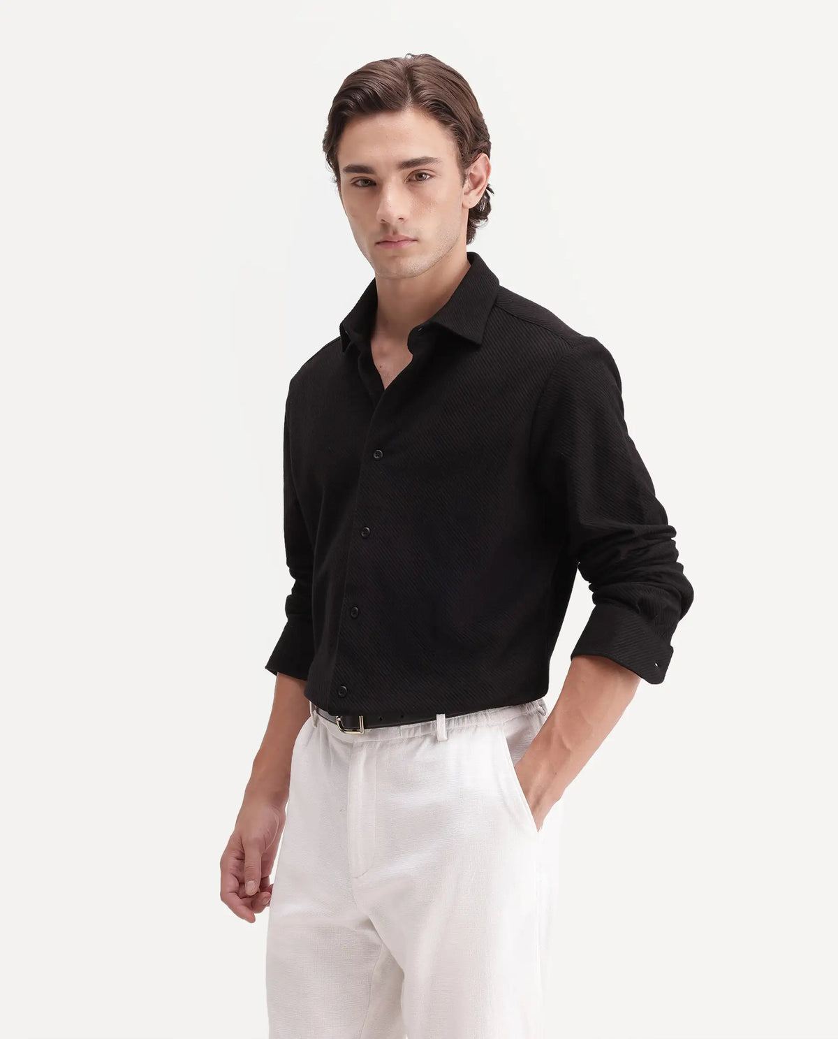 Rare Rabbit Men's Elk Black Cotton Button Regular Fit Jcaquard Shirt