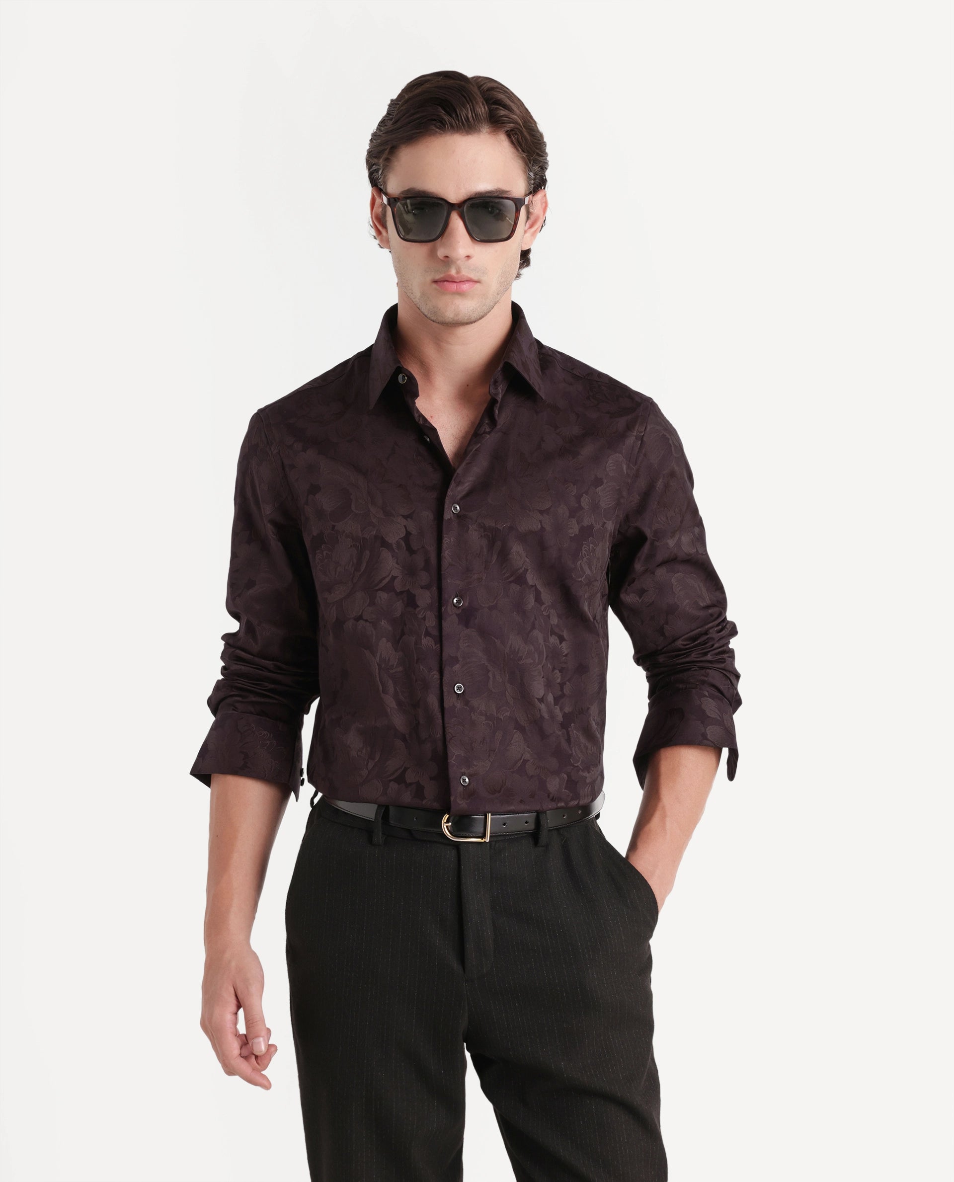 Rare Rabbit Men's Kit Brown Polyester Blend Button Regular Fit Polyester Blend Jacquard Shirt