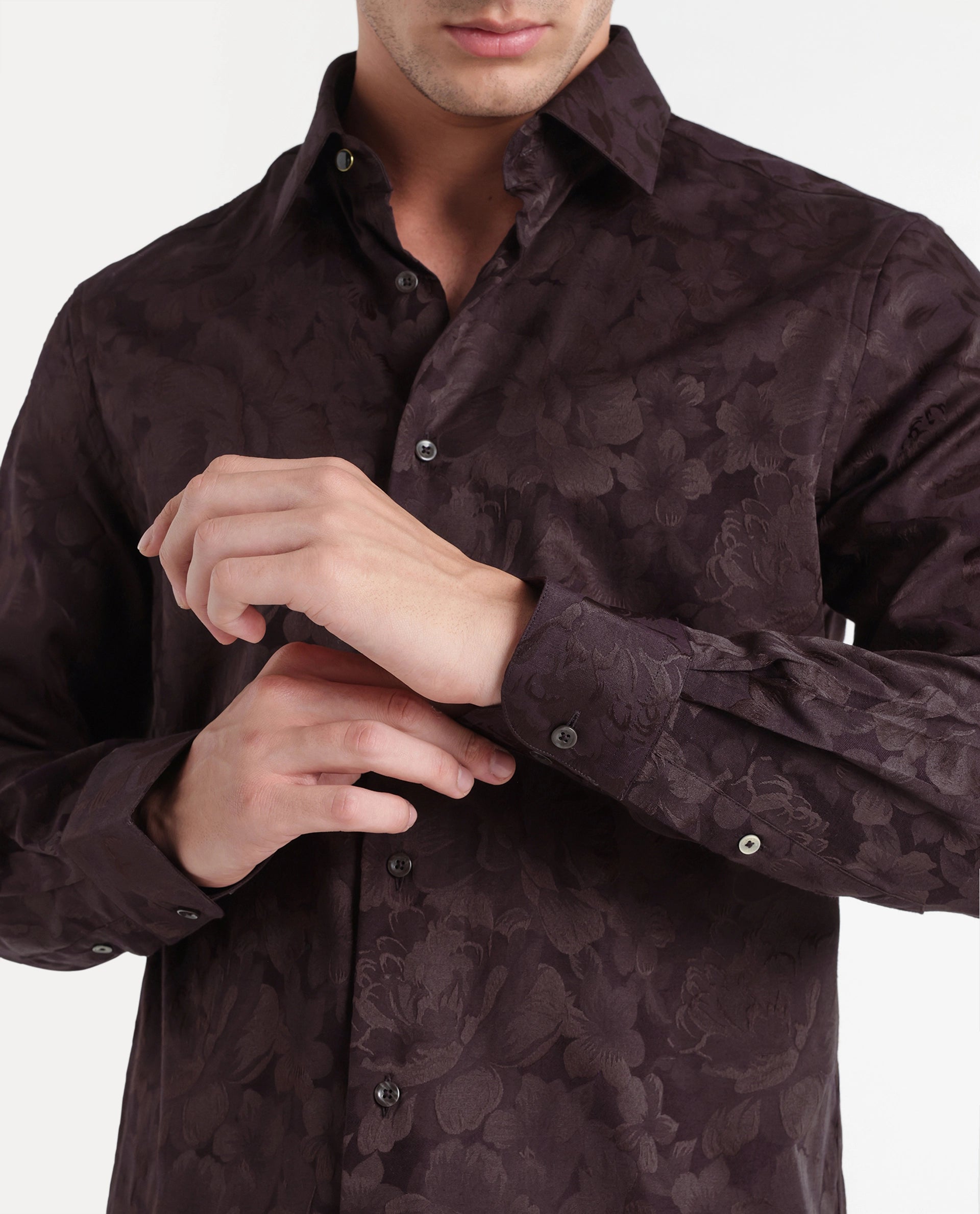 Rare Rabbit Men's Kit Brown Polyester Blend Button Regular Fit Polyester Blend Jacquard Shirt