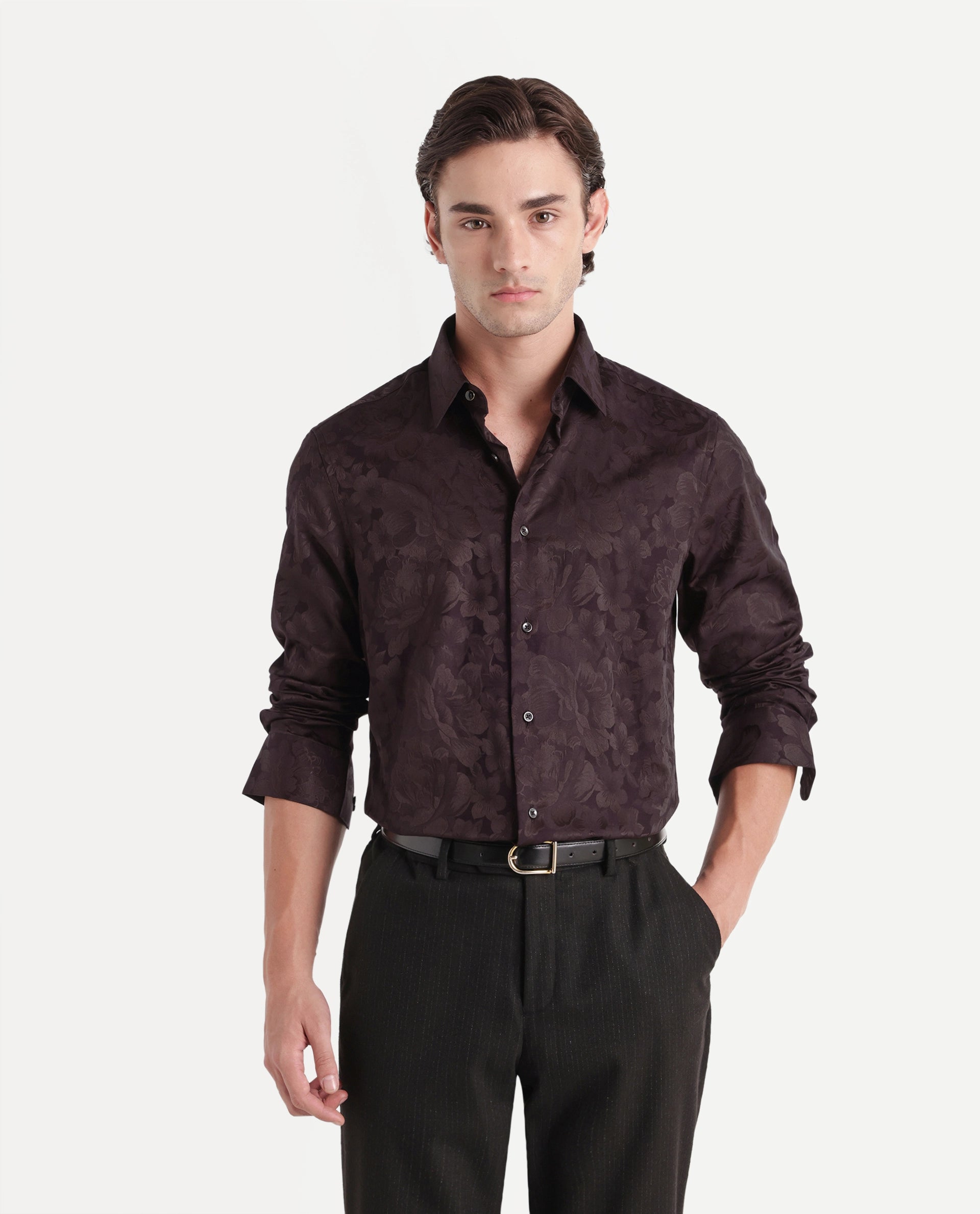 Rare Rabbit Men's Kit Brown Polyester Blend Button Regular Fit Polyester Blend Jacquard Shirt