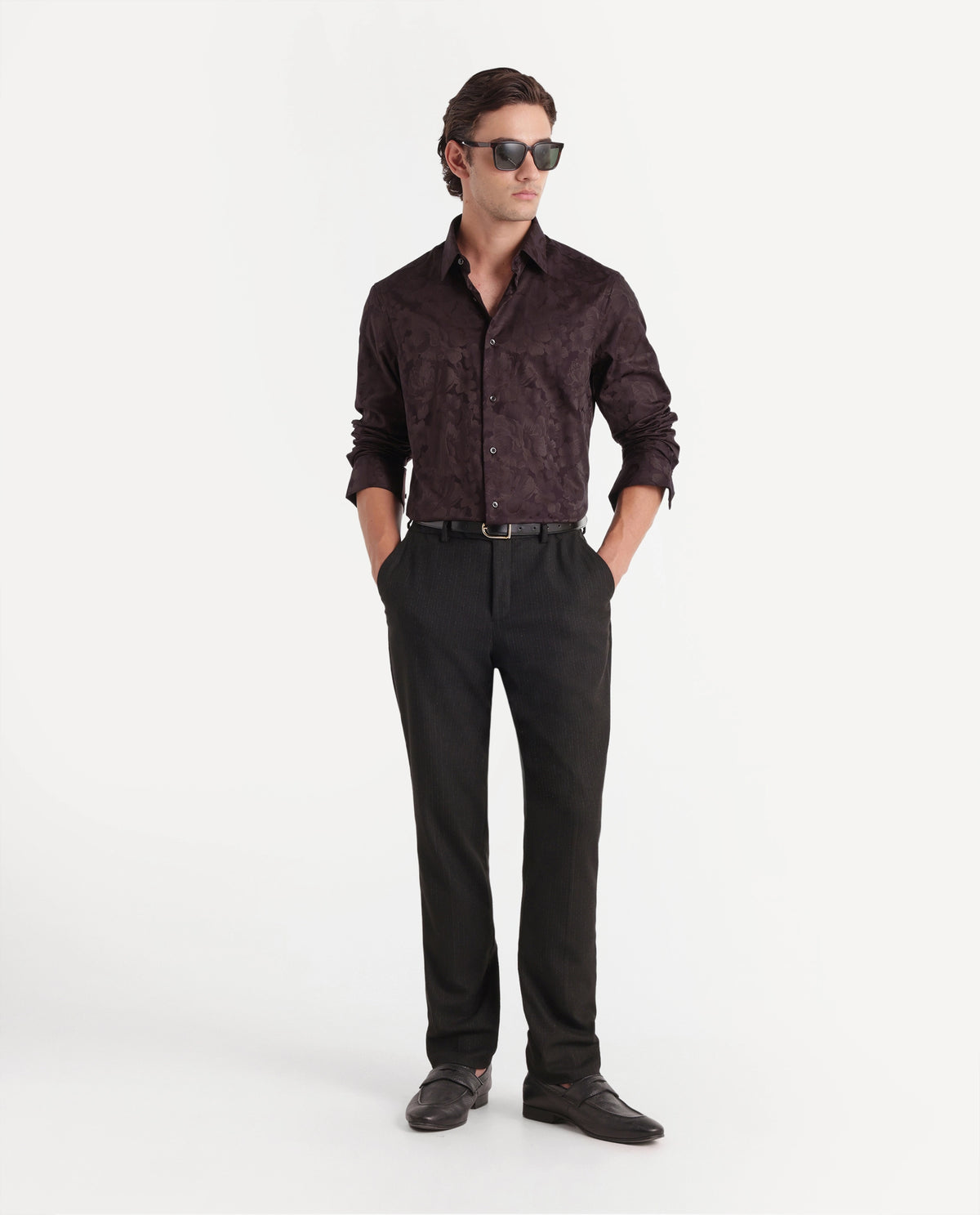 Rare Rabbit Men's Kit Brown Polyester Blend Button Regular Fit Polyester Blend Jacquard Shirt