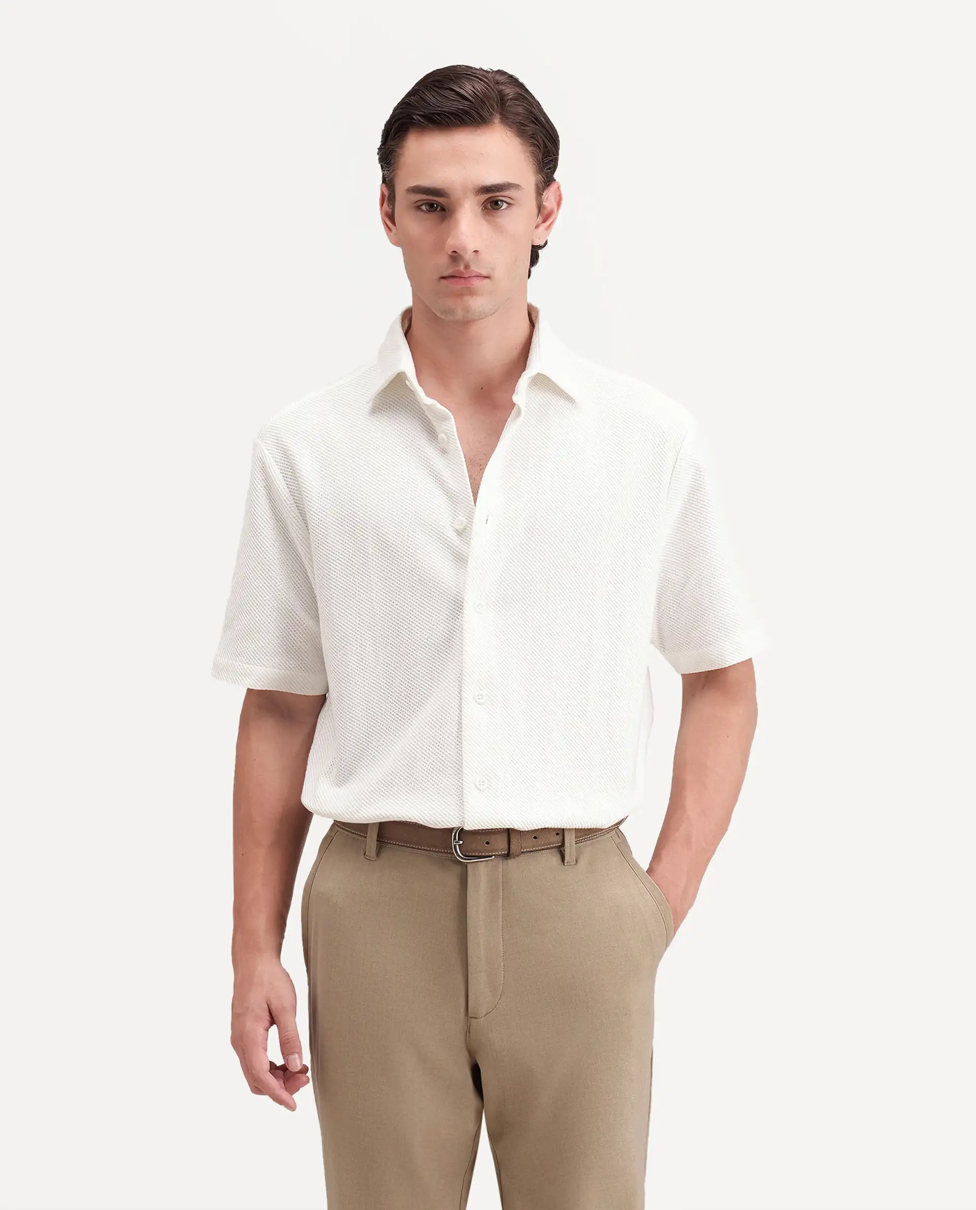 Rare Rabbit Men's Ester White Cotton Button Relaxed Fit Jacquard Shirt