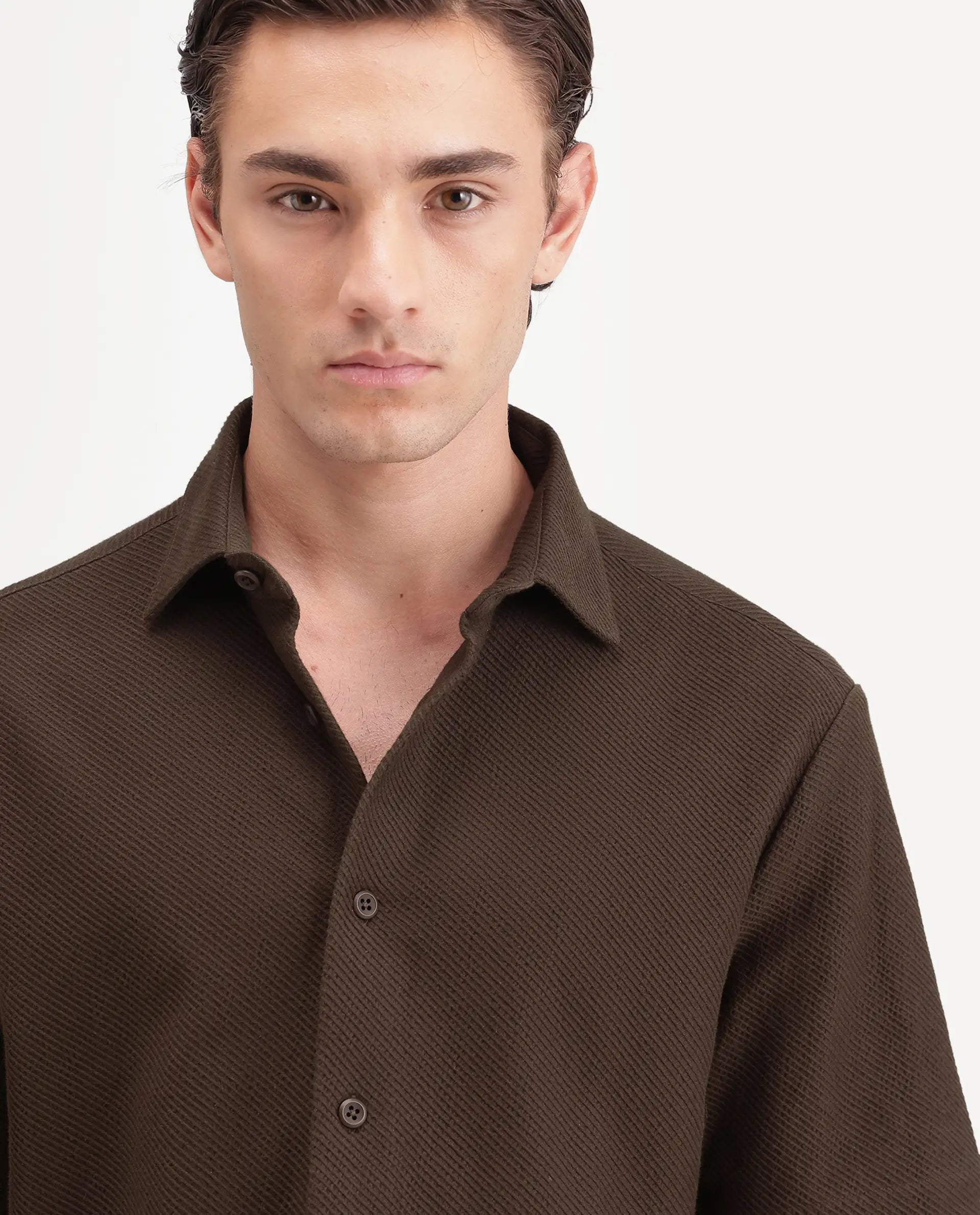 Rare Rabbit Men's Ester Dark Brown Cotton Button Relaxed Fit Jacquard Shirt