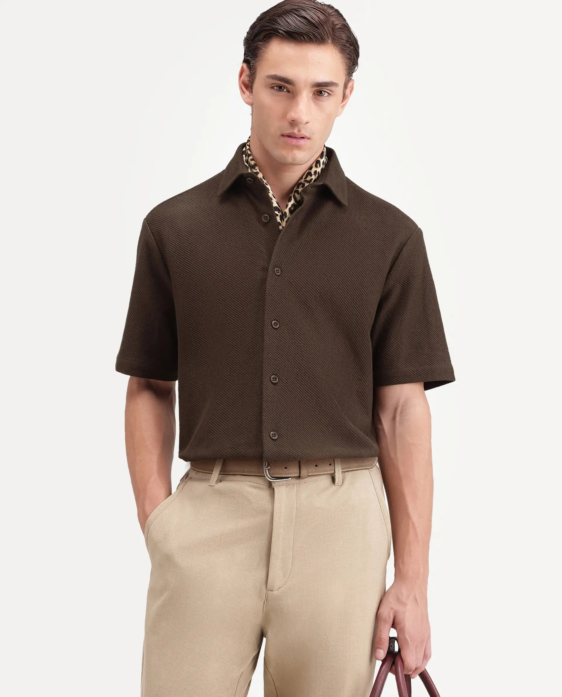 Rare Rabbit Men's Ester Dark Brown Cotton Button Relaxed Fit Jacquard Shirt