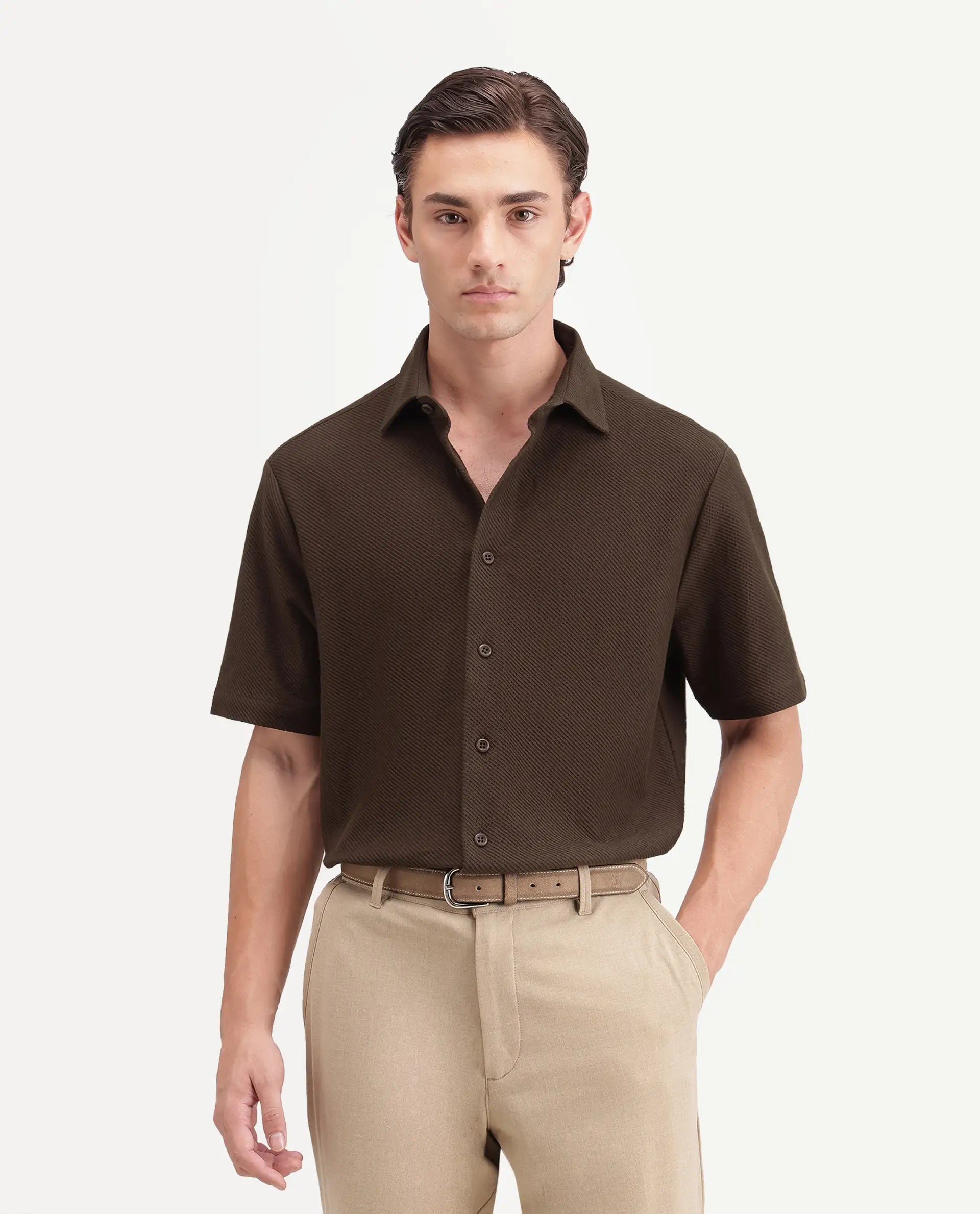 Rare Rabbit Men's Ester Dark Brown Cotton Button Relaxed Fit Jacquard Shirt