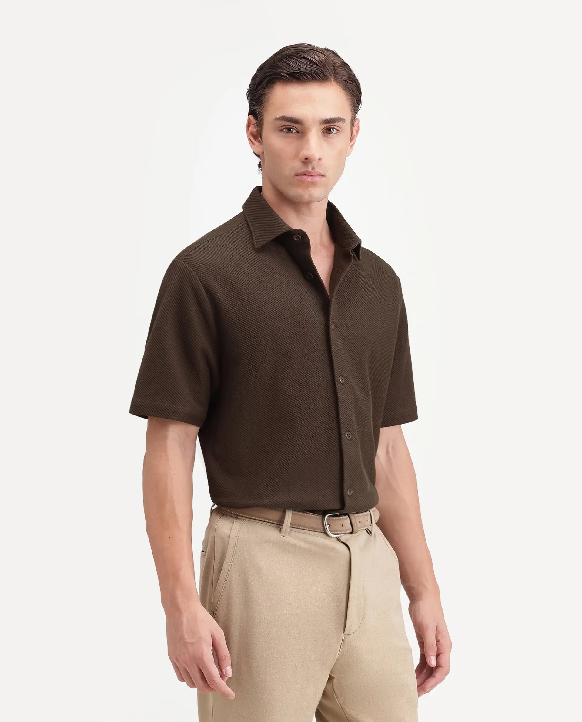Rare Rabbit Men's Ester Dark Brown Cotton Button Relaxed Fit Jacquard Shirt