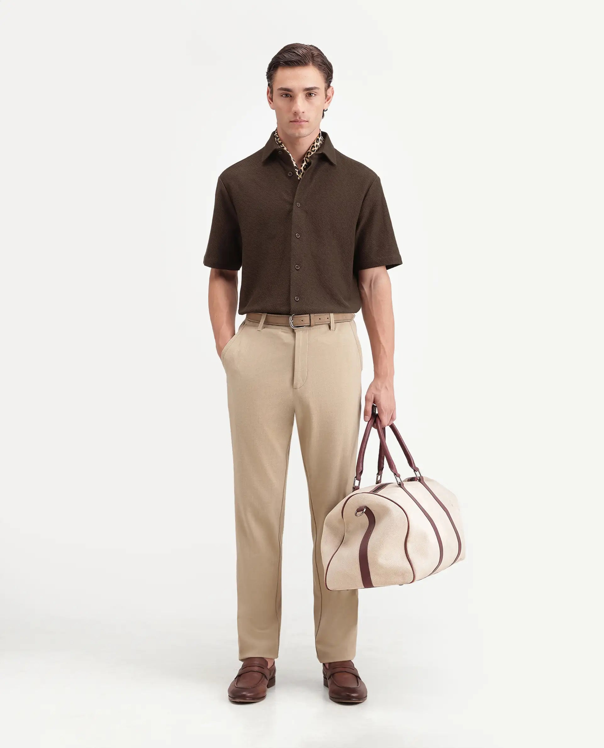 Rare Rabbit Men's Ester Dark Brown Cotton Button Relaxed Fit Jacquard Shirt