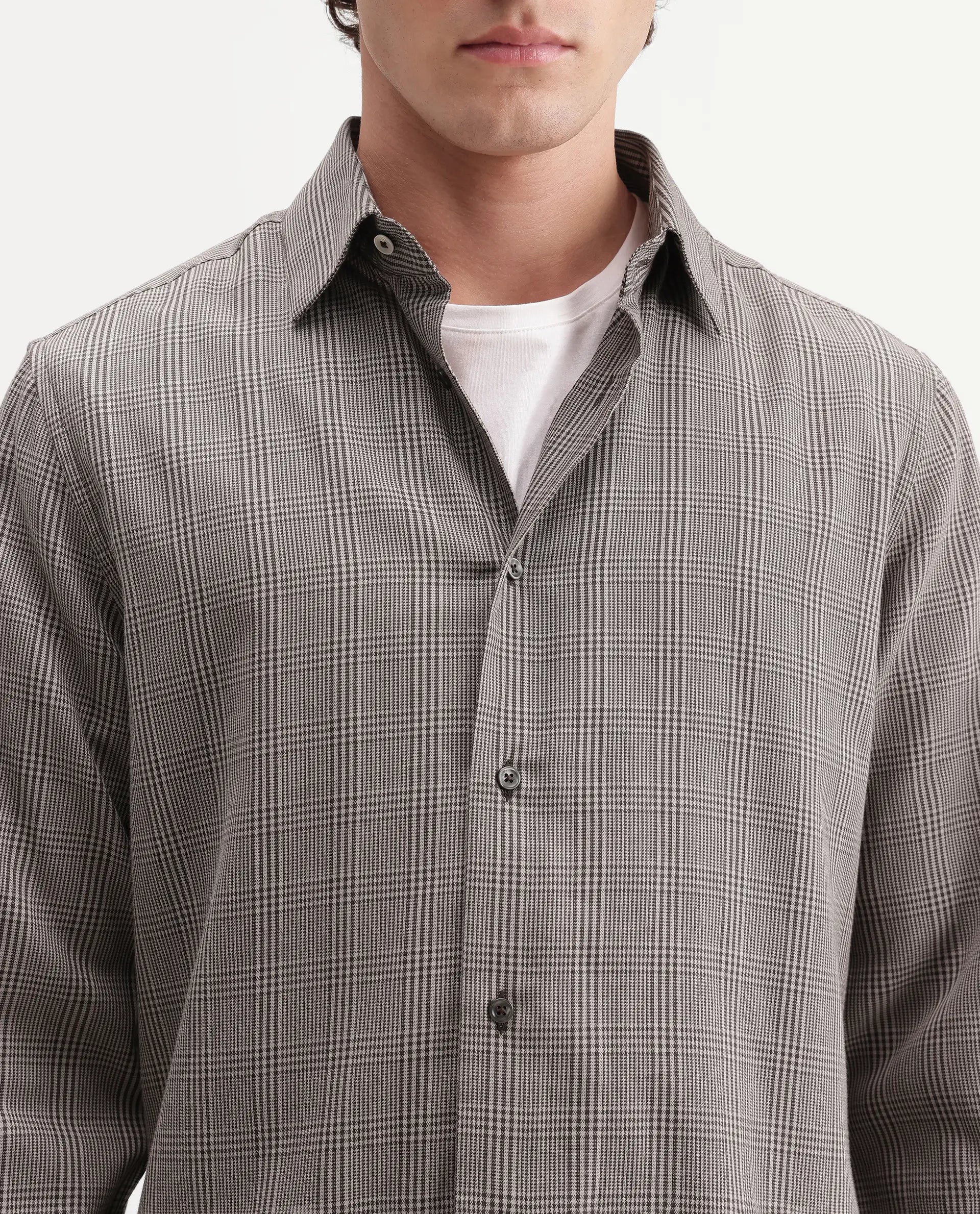 Rare Rabbit Men's Macy Brown Cotton Button Regular Fit Checked Shirt