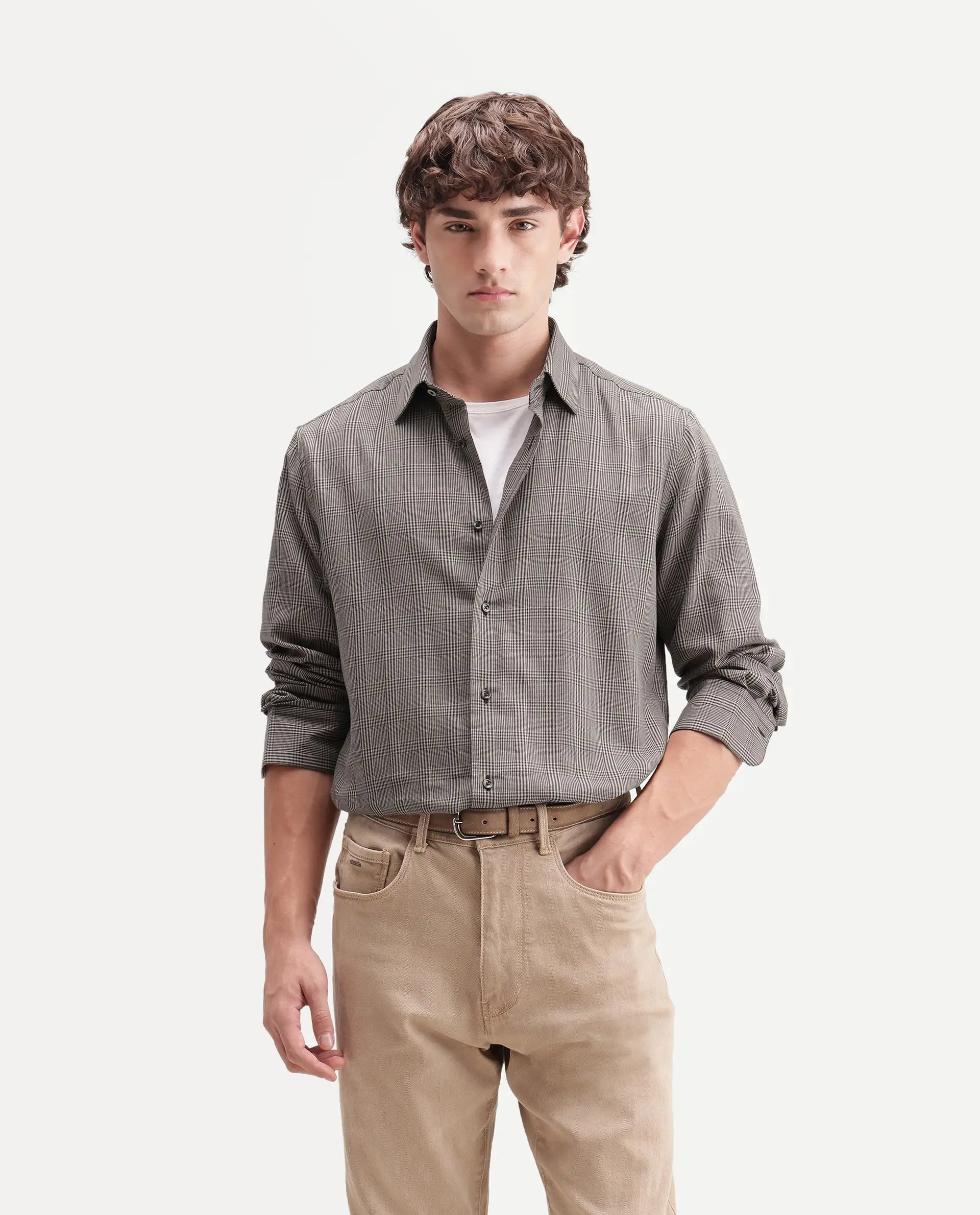 Rare Rabbit Men's Macy Brown Cotton Button Regular Fit Checked Shirt
