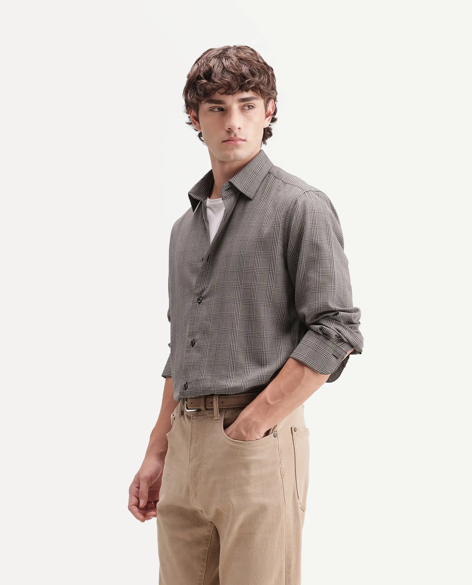 Rare Rabbit Men's Macy Brown Cotton Button Regular Fit Checked Shirt