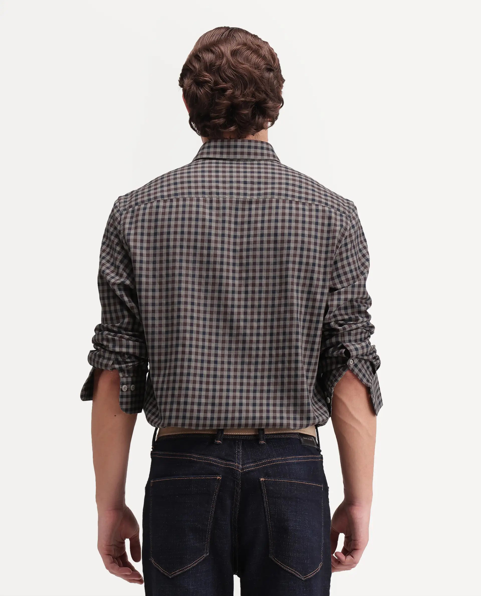 Rare Rabbit Men's Zedd Beige Cotton Blend Button Regular Fit Checked Shirt