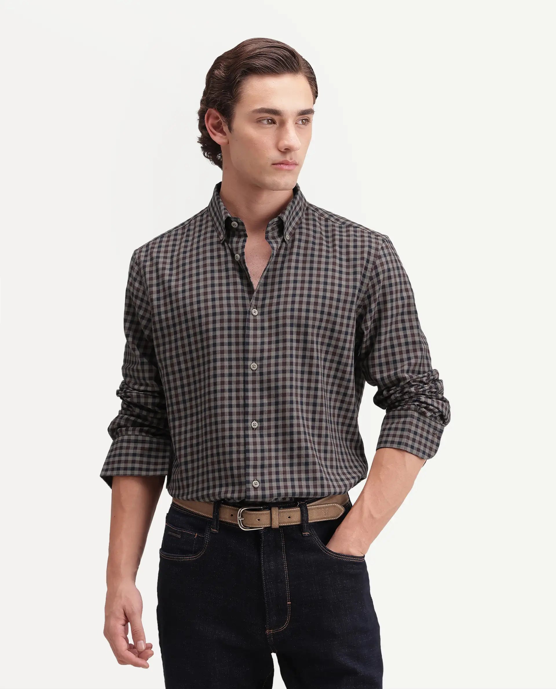 Rare Rabbit Men's Zedd Beige Cotton Blend Button Regular Fit Checked Shirt