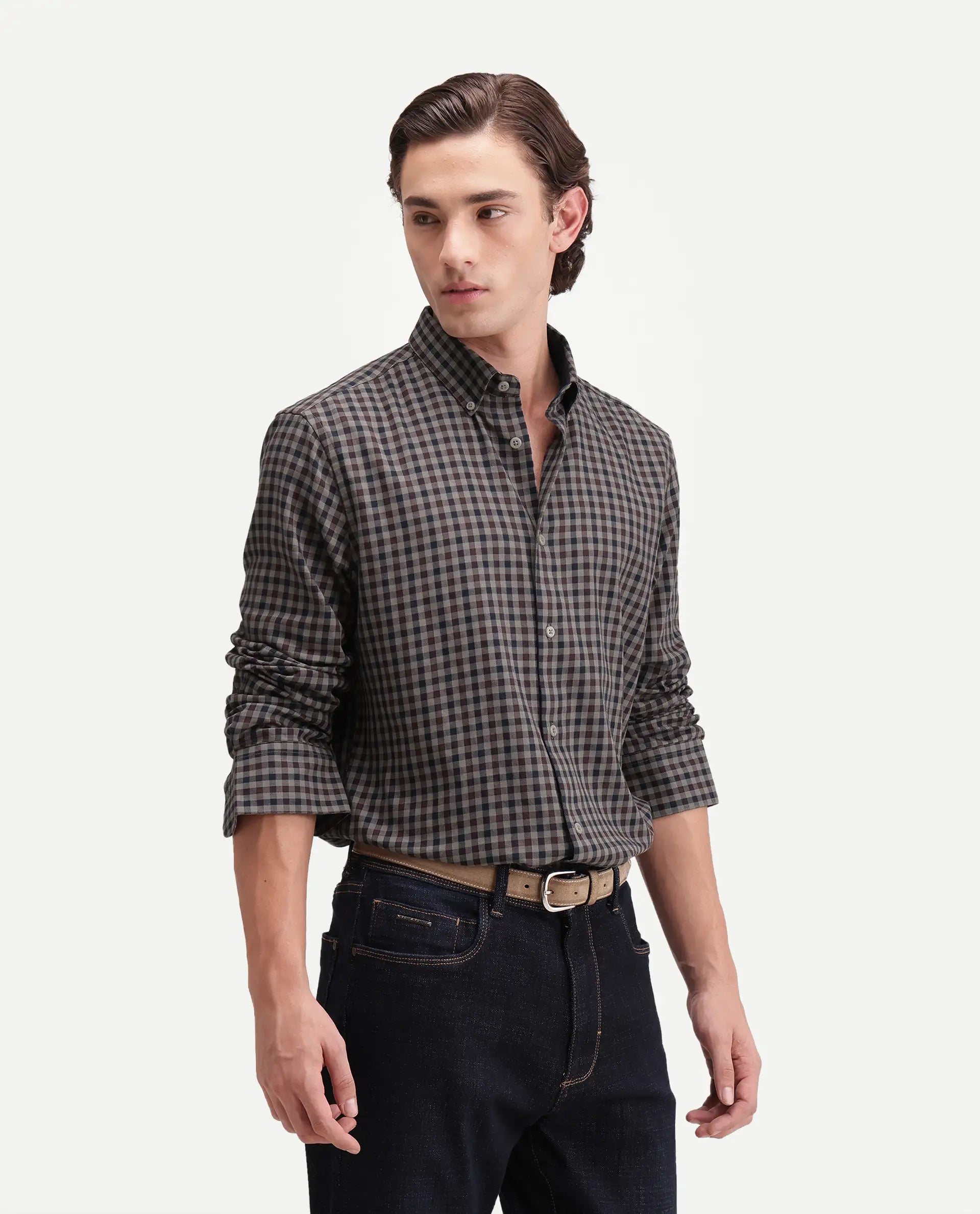 Rare Rabbit Men's Zedd Beige Cotton Blend Button Regular Fit Checked Shirt