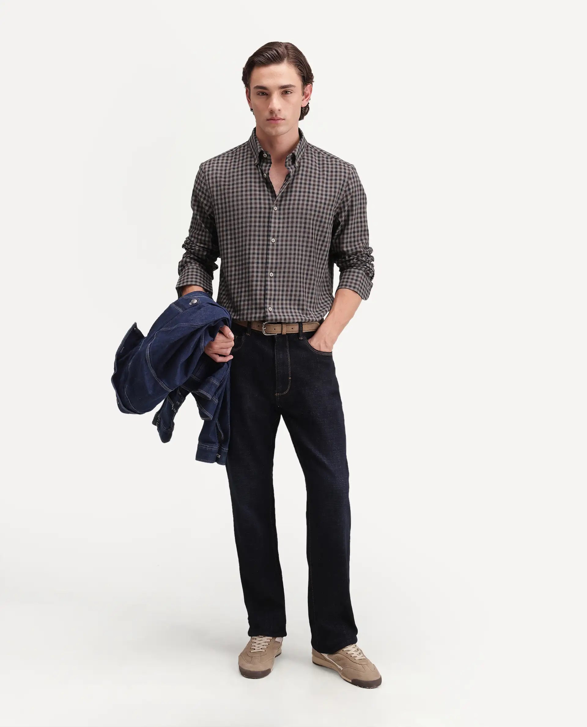 Rare Rabbit Men's Zedd Beige Cotton Blend Button Regular Fit Checked Shirt