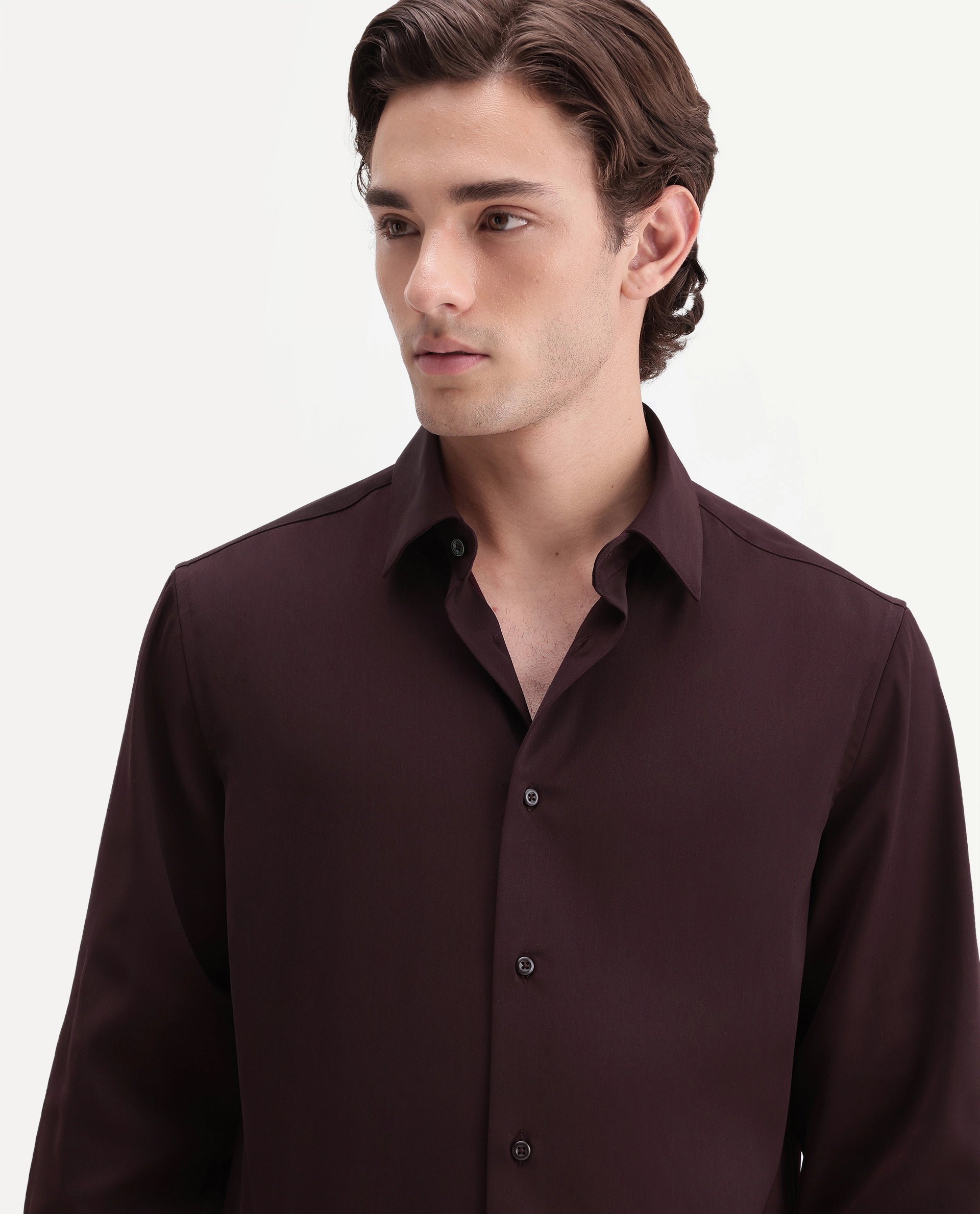 Rare Rabbit Men's Tyla Maroon Polyester Blend Button Regular Fit Plain Shirt