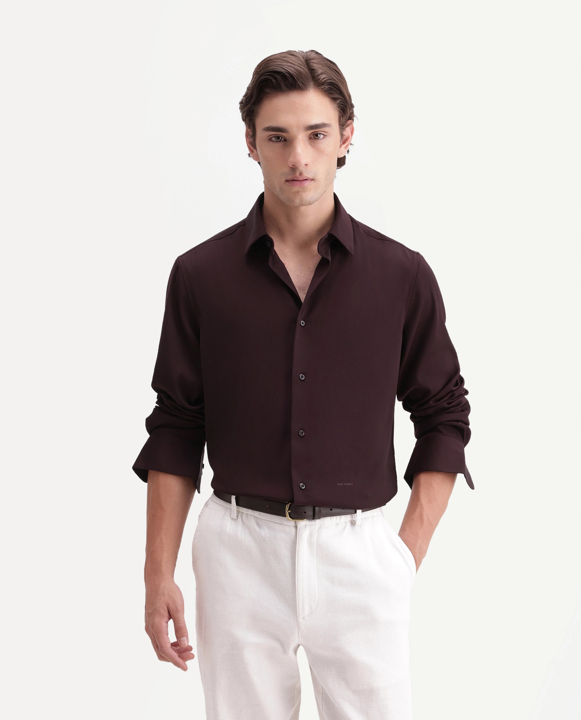 Rare Rabbit Men's Tyla Maroon Polyester Blend Button Regular Fit Plain Shirt