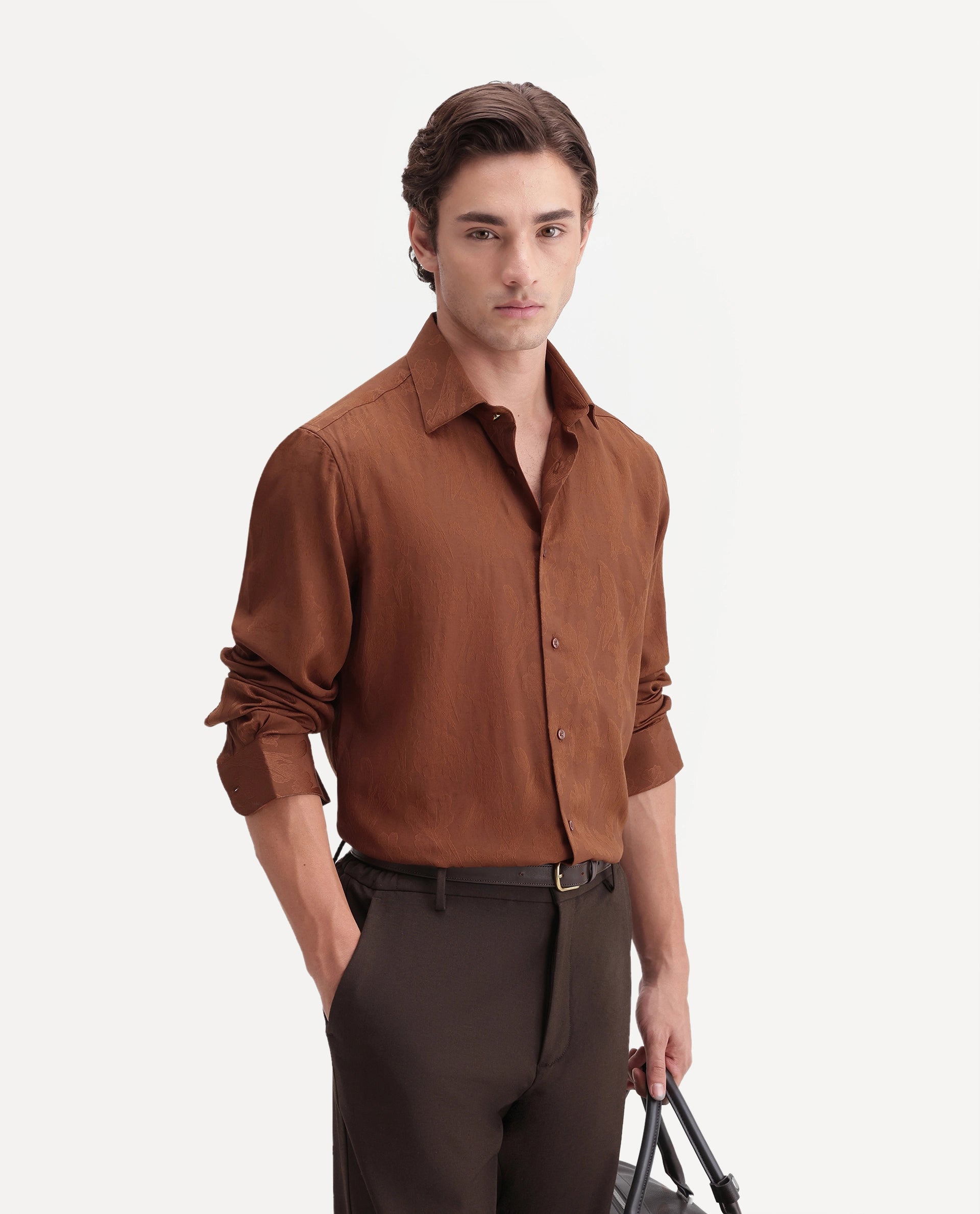 Rare Rabbit Men's Vel Rust Polyester Blend Button Regular Fit Jacquard Shirt