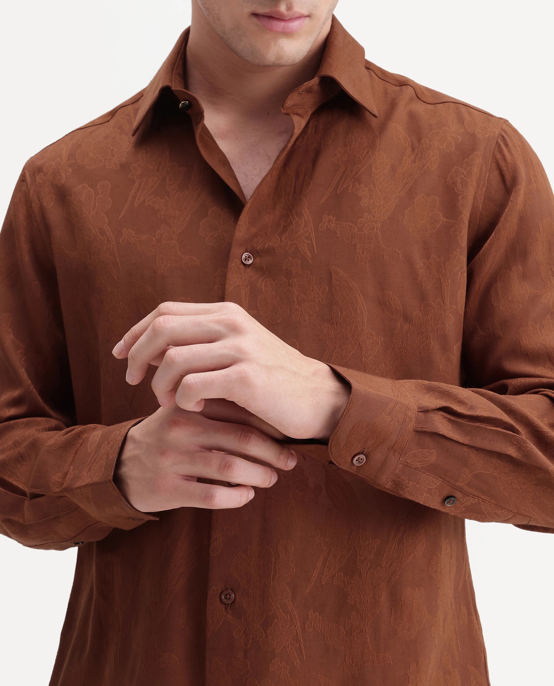 Rare Rabbit Men's Vel Rust Polyester Blend Button Regular Fit Jacquard Shirt
